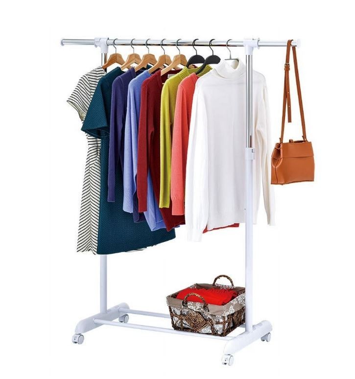 Adjustable Metal Rolling Garment Clothes Rack, Chrome & White