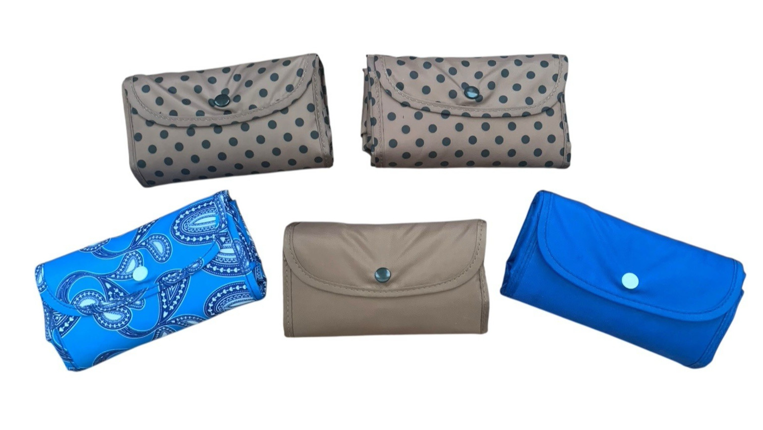 Unbranded Folding Reusable Tote Bag Set Paisley Polka Dot Blue Tan 5 Piece Set