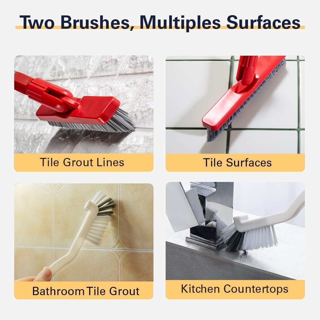 Living Grout Brush with Long Handle & Handheld Stiff Bristle Scrubber, V-Shap…