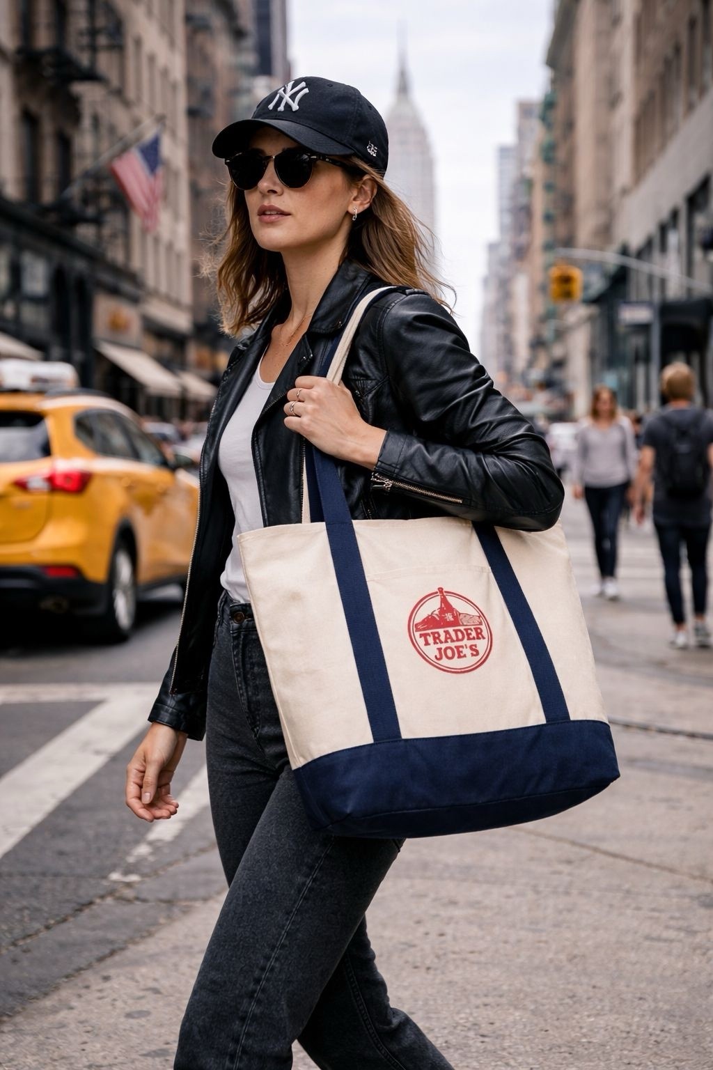 Trader Joe’s Reusable Tote Bag Cotton Polyester White Navy Blue Foldable