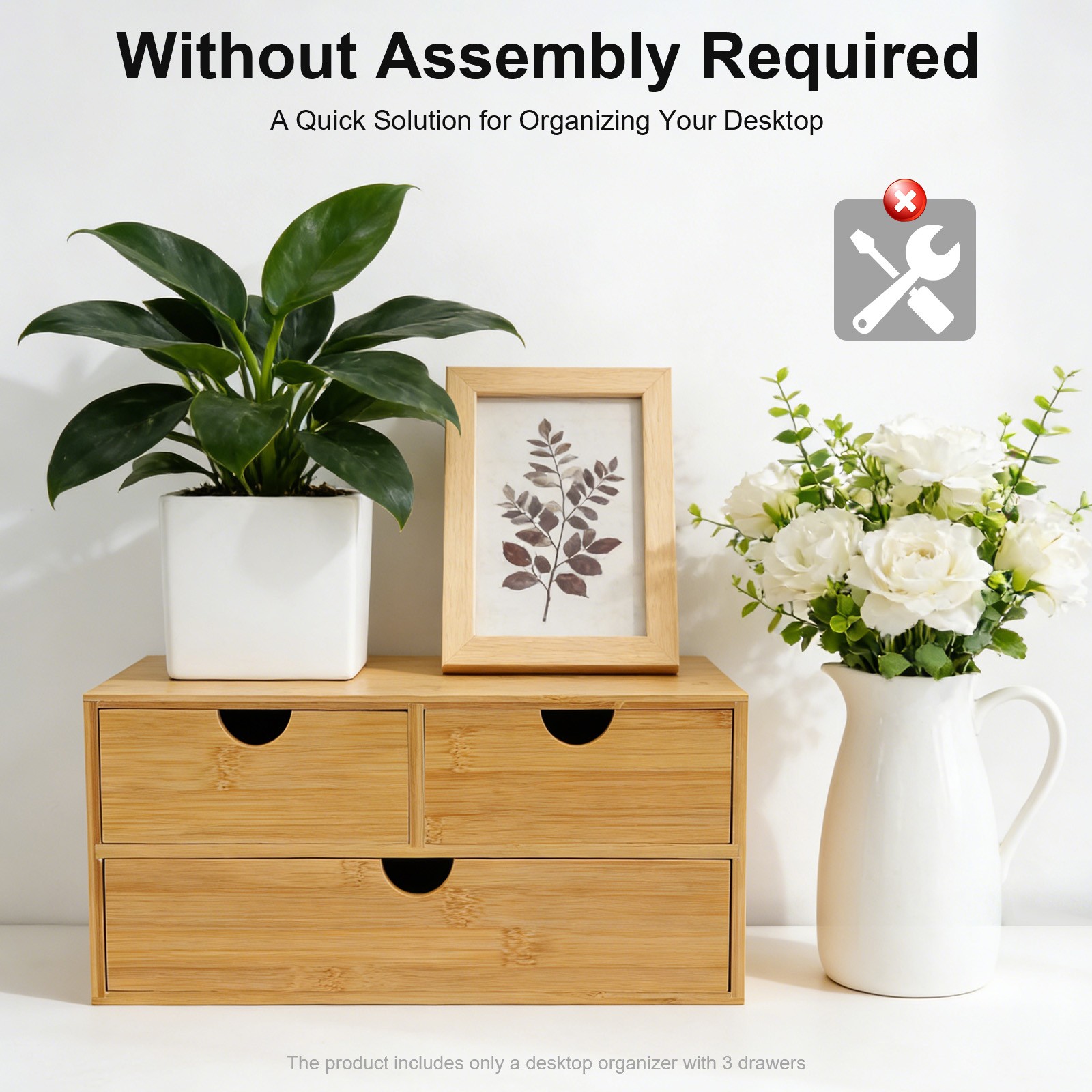 Bamboo Desk Organizer with 3 Drawers, Tabletop Storage Box No Assembly Required