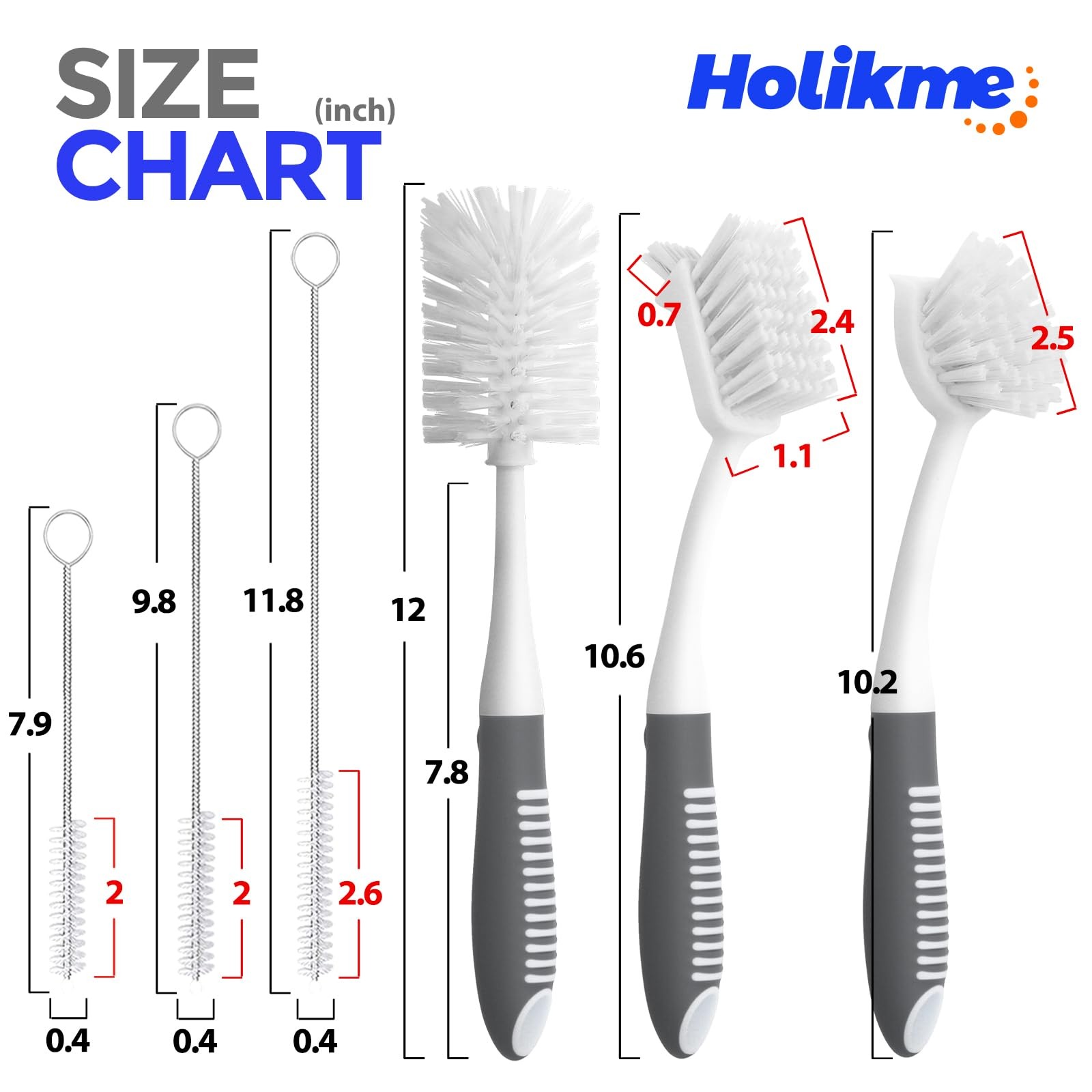 Holikme 6 Pack Dish Brush Set with Bottle Brush, Scrub 6 Pack, Gray