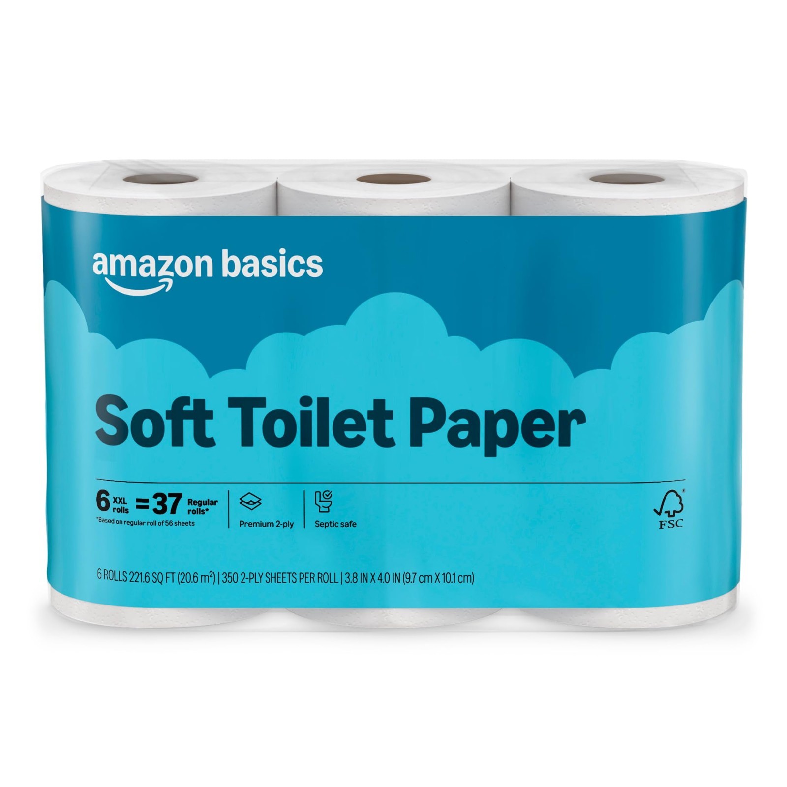 Basics 2-Ply Soft Toilet Paper, 6 Rolls (1 Pack of 6), Equivalent to 37 Regular