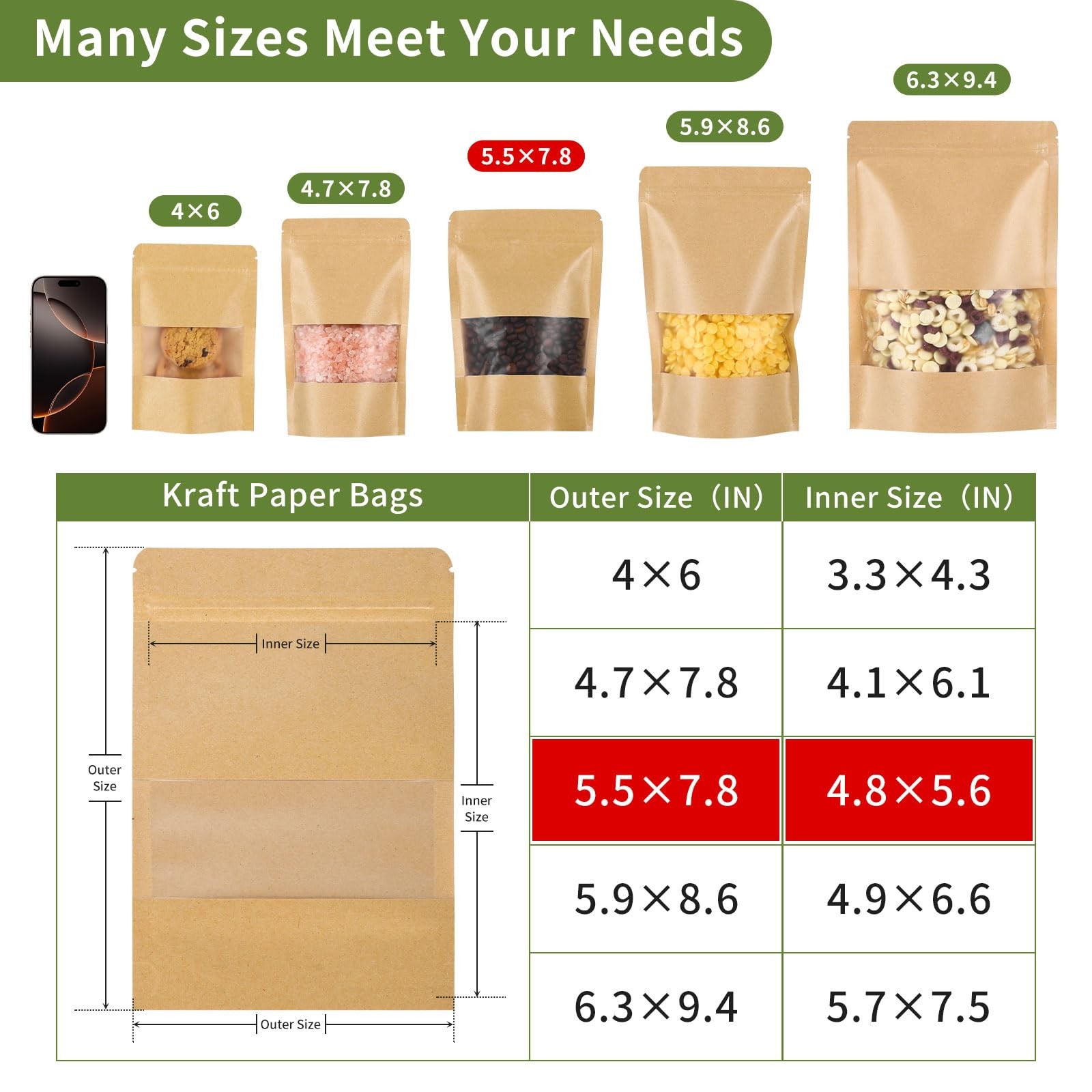 Kraft Paper Bags with Transparent Window, Stand Up 100Pcs-5.5″x7.8″, Brown