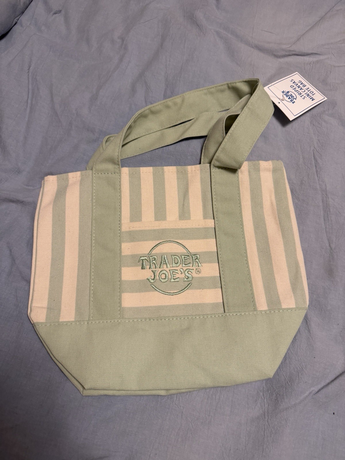 Trader Joe’s Cotton Polyester Reusable Tote Bag Green White Stripe 13x10x6 in