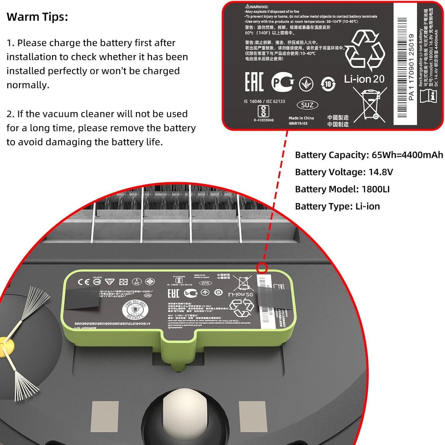 For iRobot Li ion Battery Replacement Compatible with Roomba 960 980 981 970