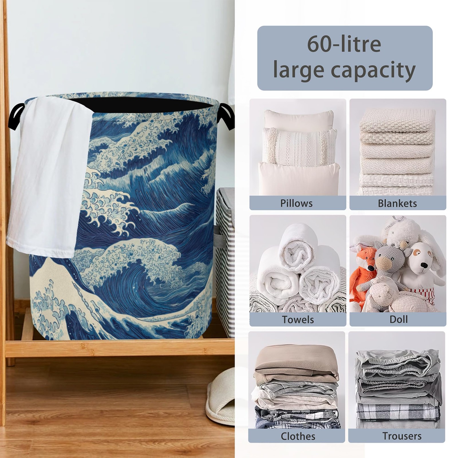 Ocean Wave Laundry Basket,Japanese Foldable Oxford Cloth Tote Bag Laundry Ham…