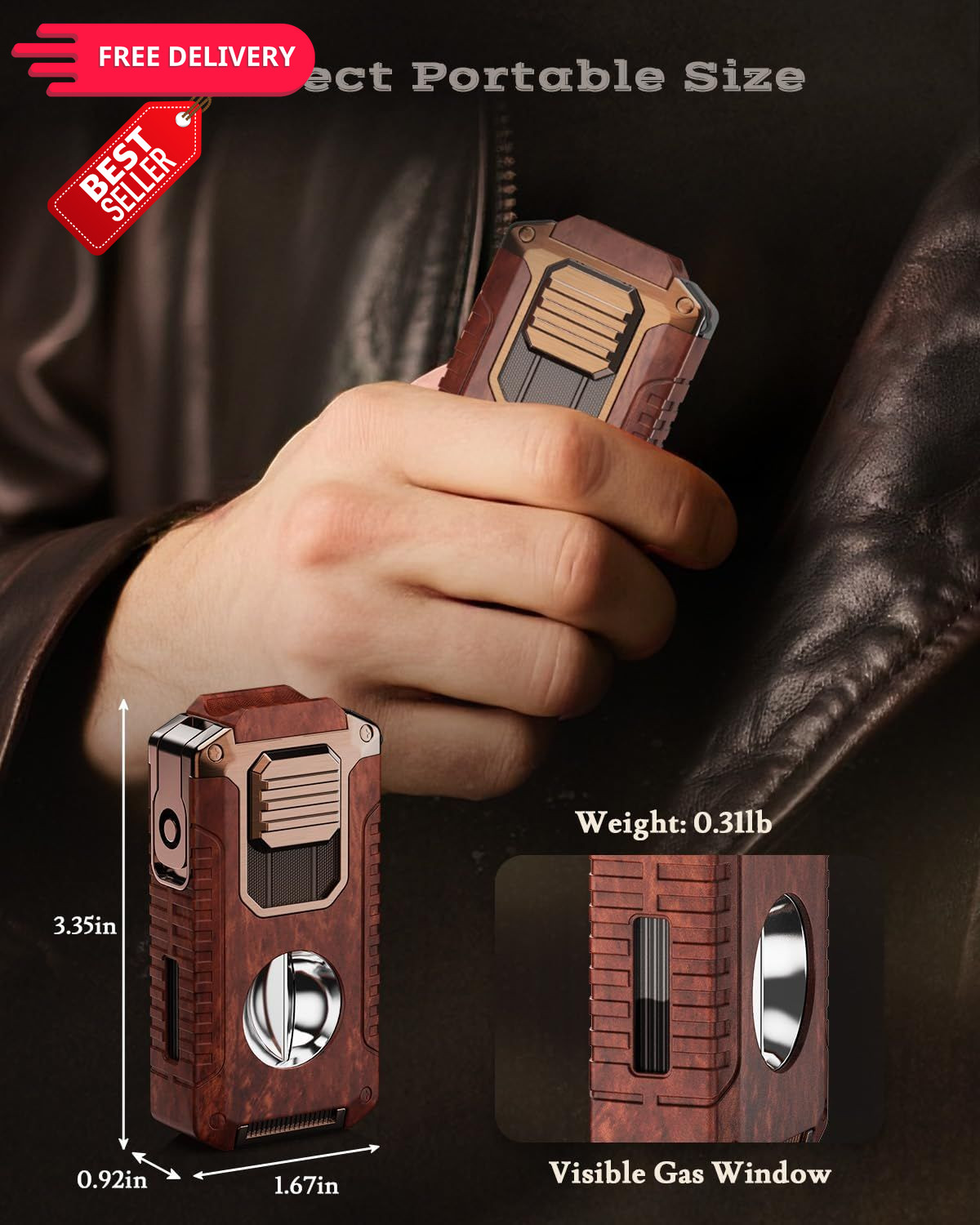 5-in-1 Torch Lighter with Cutter, Punch, 3.35*1.67*0.92 inches, Redwood