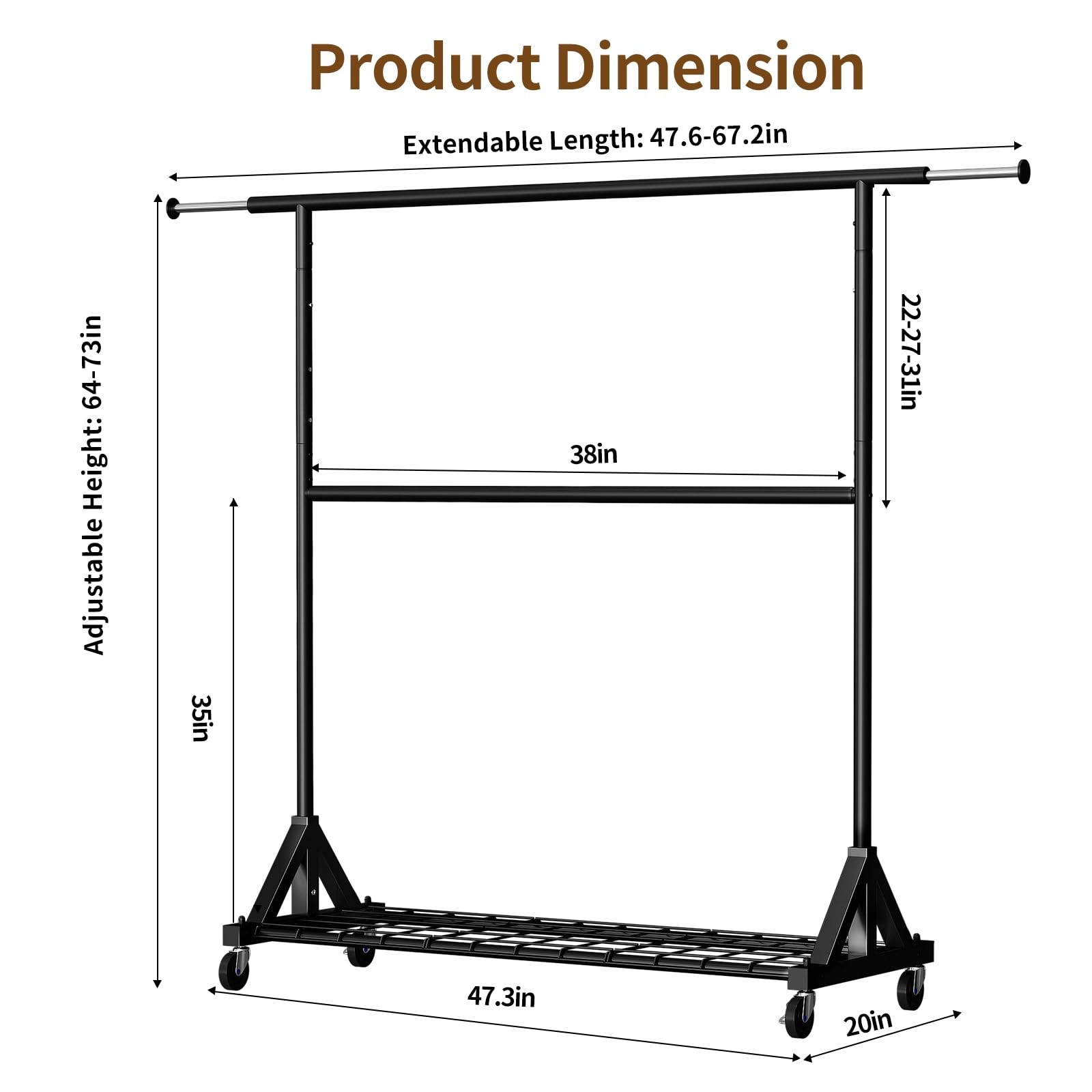 Luxspire Heavy Duty Clothes Rack Lockable Wheels Load 600 LBS, Black HC250088
