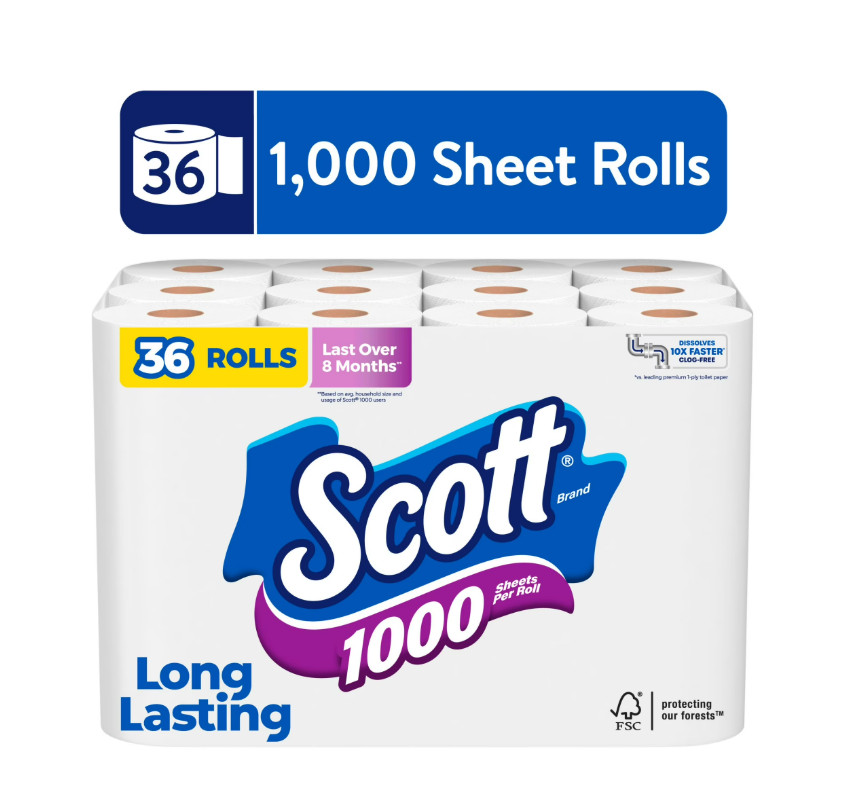 Scott 1000 Toilet Paper, 36 Rolls, 1,000 Sheets per Roll