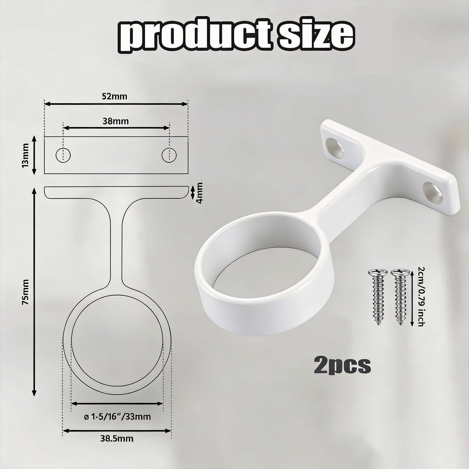 2 PCS 1 5/16 Inch Round Wardrobe Closet Rod Suspended Center Support White