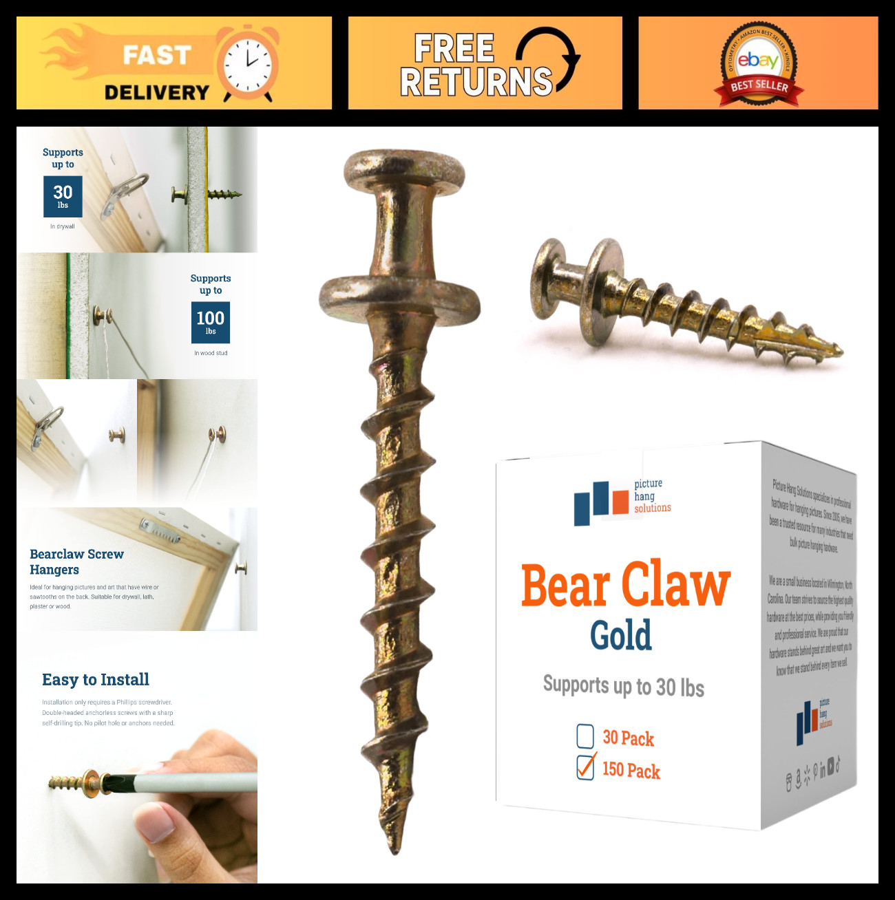 Heavy-Duty Bear Claw Hanger Screws – 150 Pack, Holds 30 lbs, Ideal for Drywall &