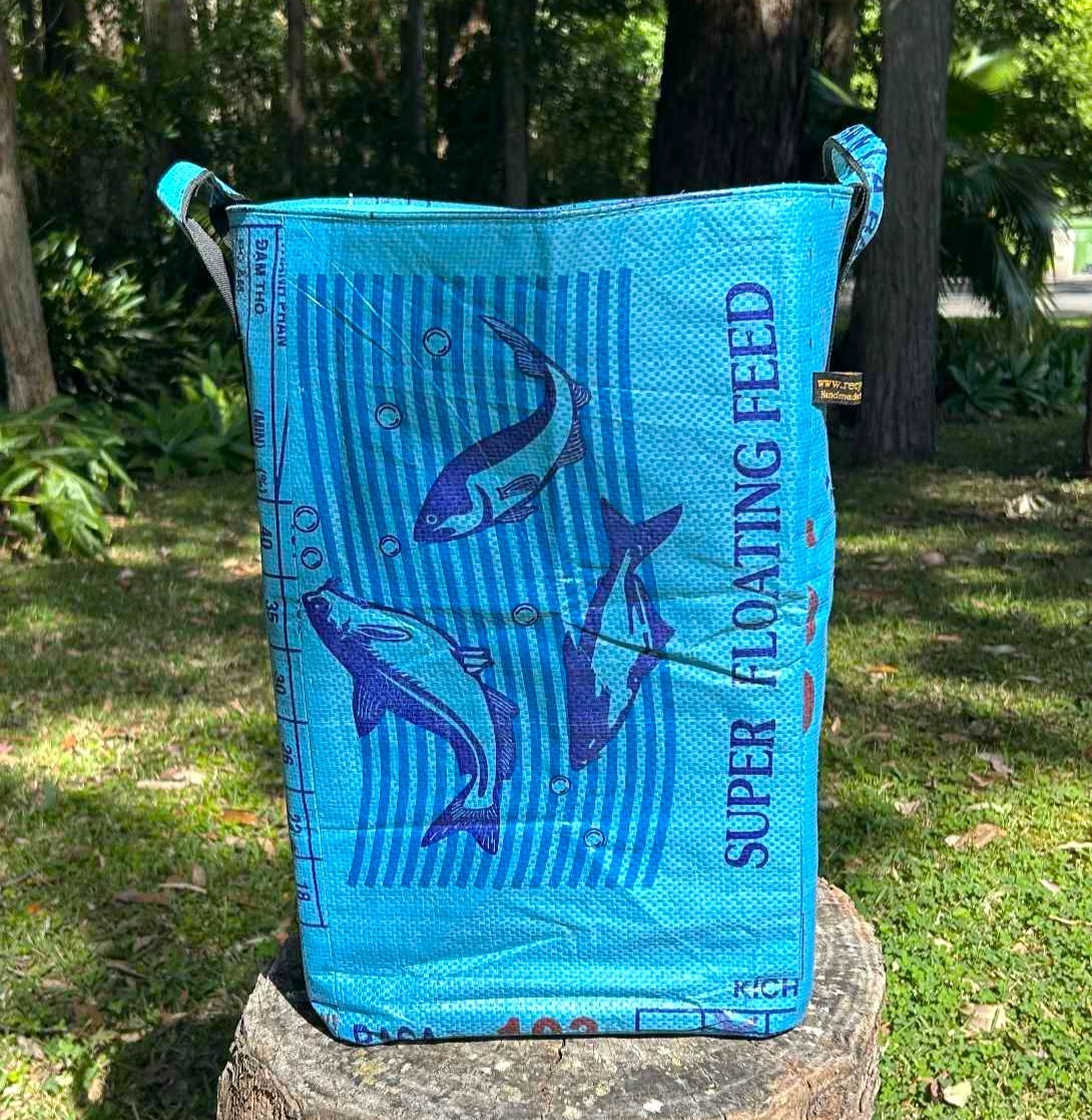 Fair Trade Upcycled Laundry Basket made from Recycled Fish Feed Bags in Cambodia