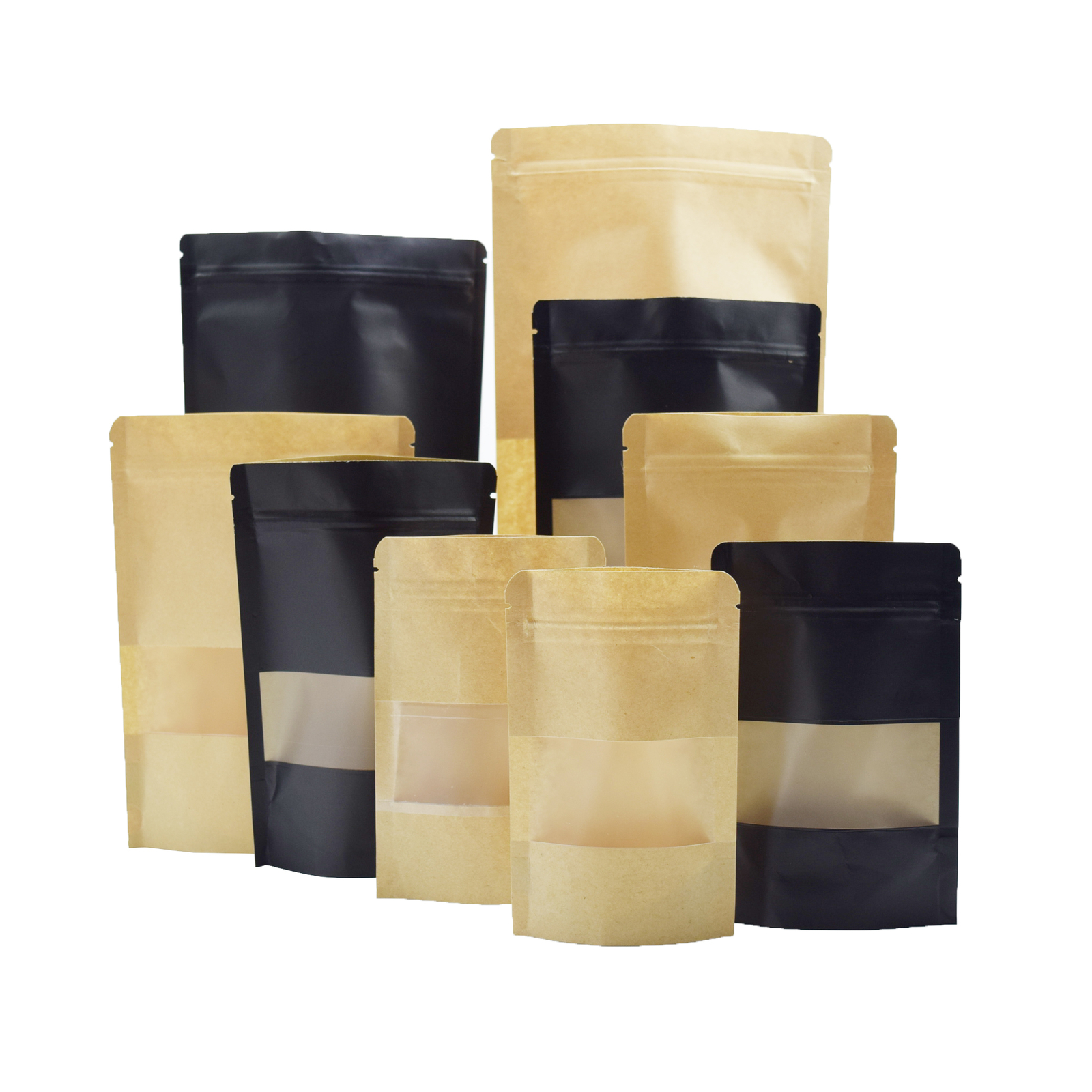100 Kraft Paper Stand Up Pouches Plastic Window, Zipper Seal Party Favor Bags