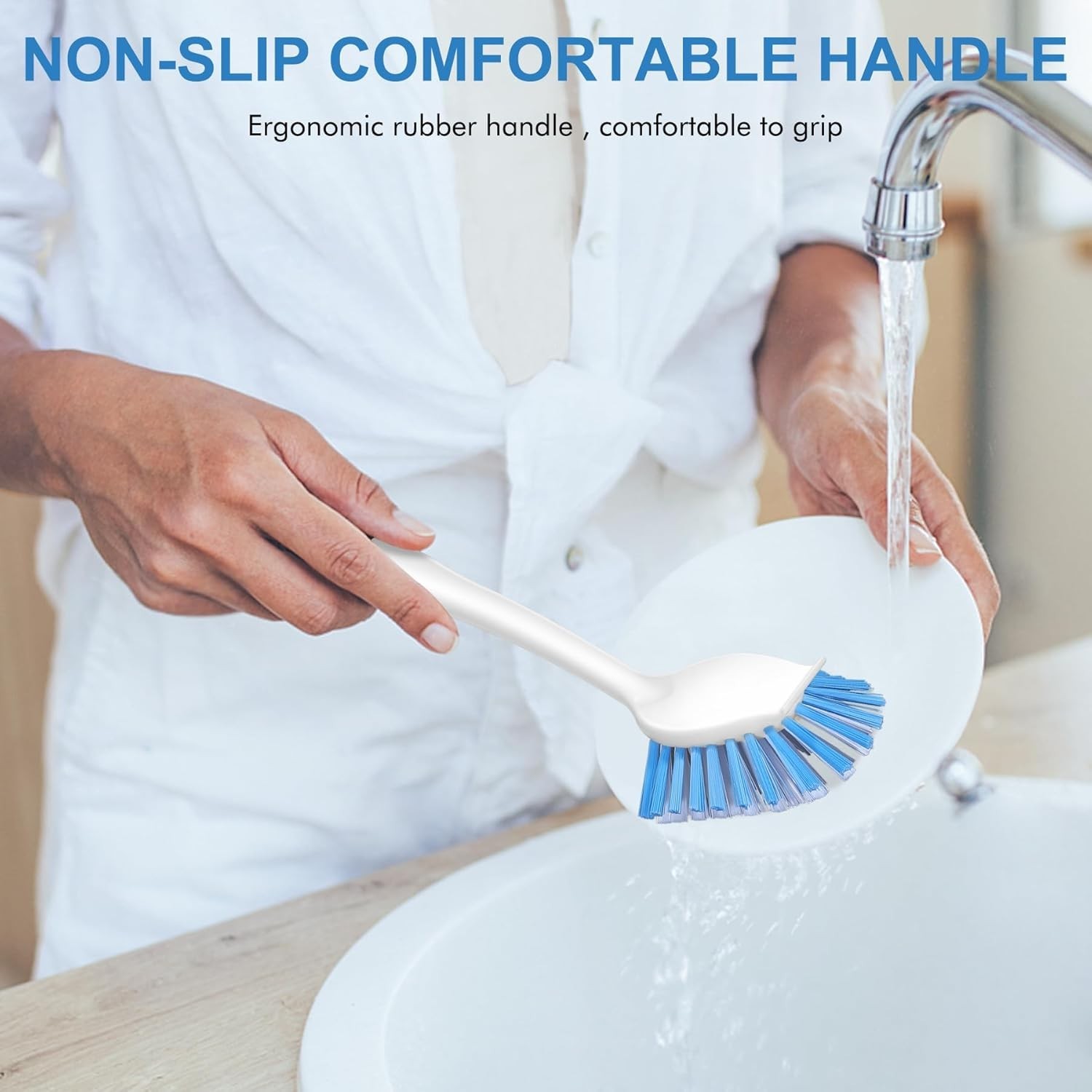 Dish Brush with Handle, 2 Pack Stiff Bristles Dish Scrubber with Built-in Scr…