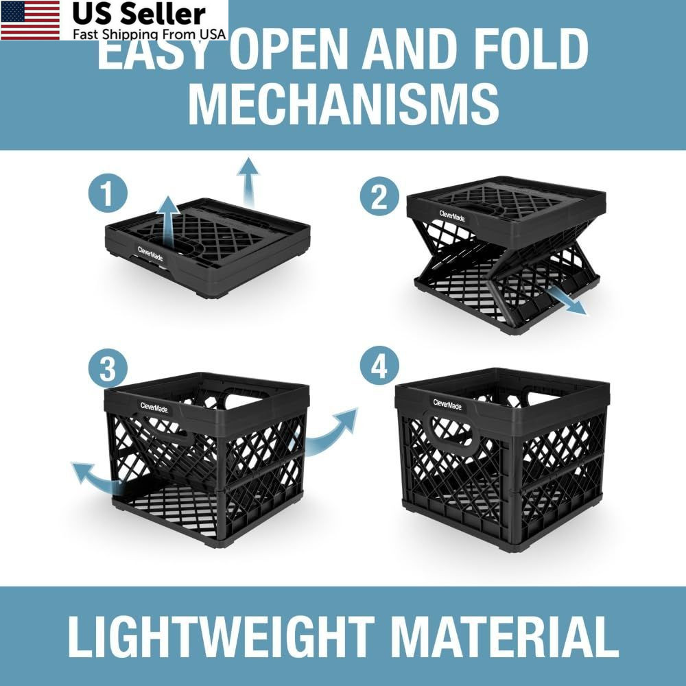 CleverMade Collapsible Milk Crate 25L (6.6 Gal), 50 lb 1 Pack, Obsidian