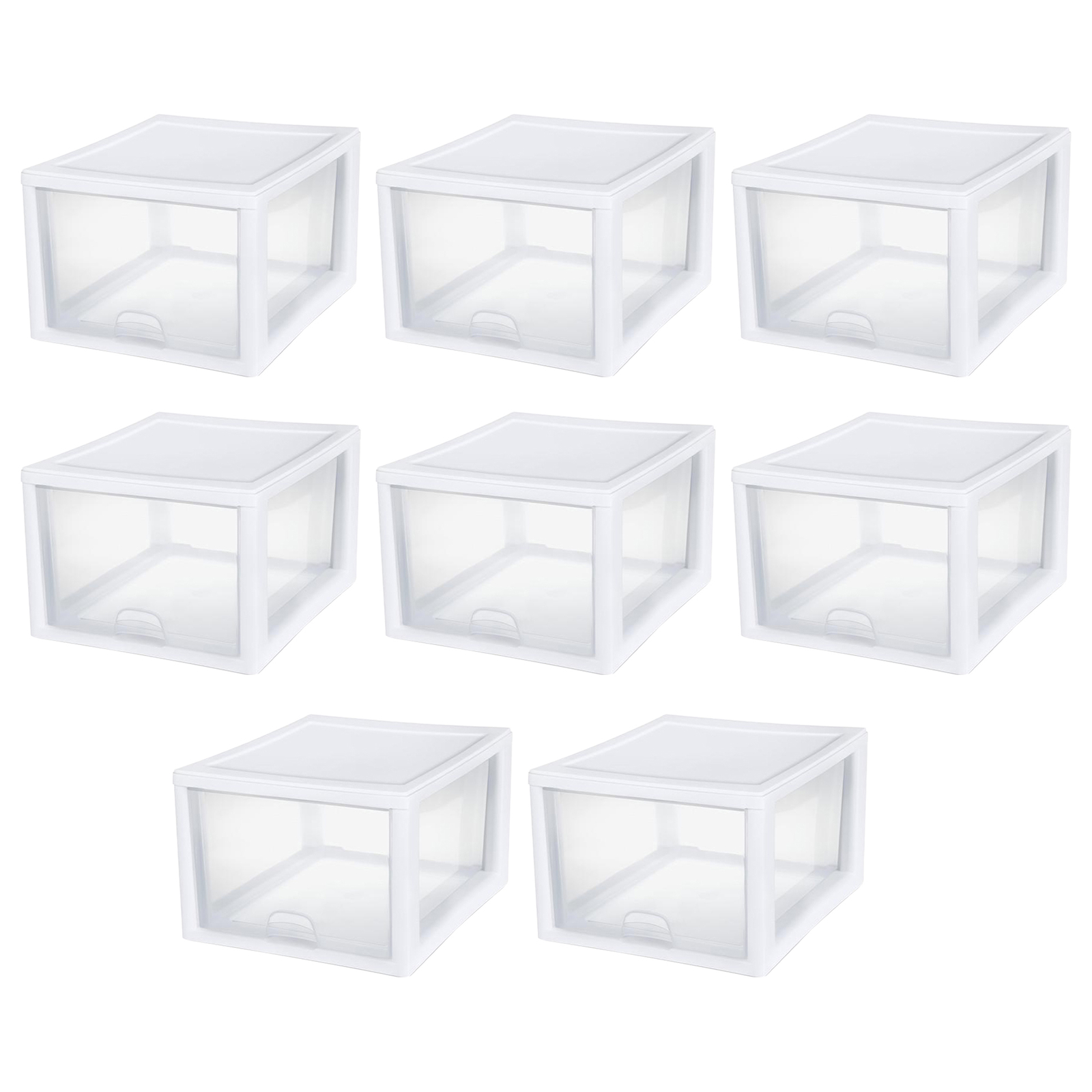 Sterilite 27 Quart Clear & White Plastic Storage Bin with One Drawer, 8 Pack