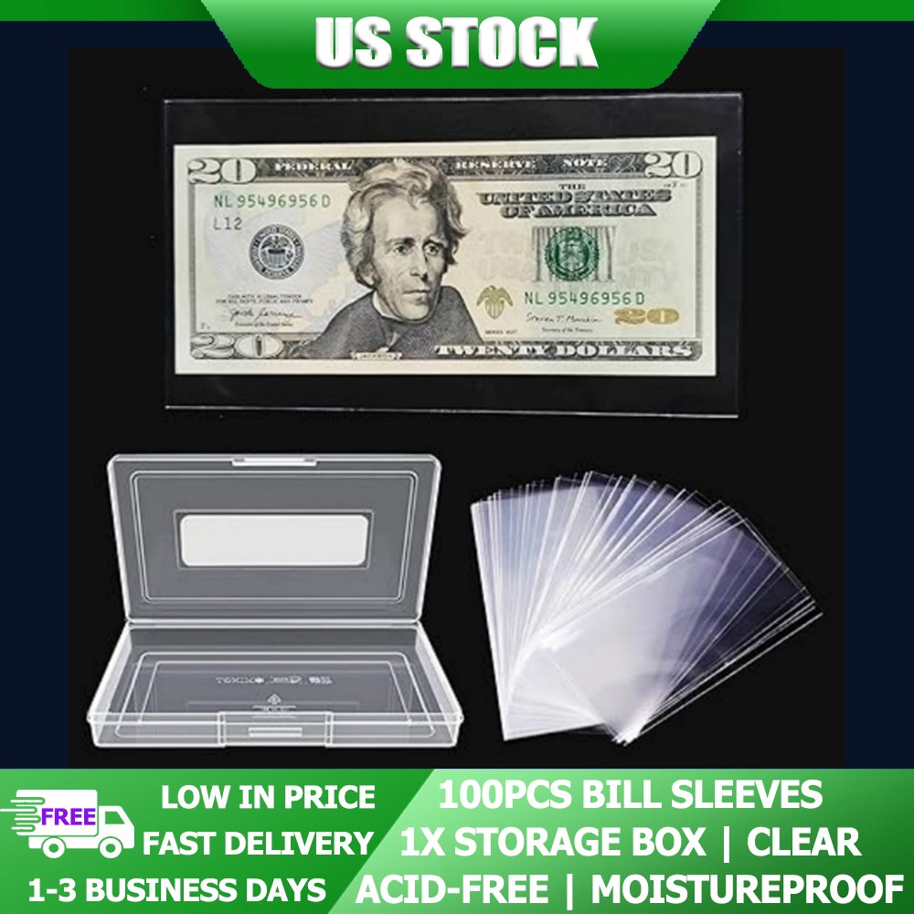 100 Pack Paper Money Holders Clear Bill Sleeves With Storage Box For Collectors