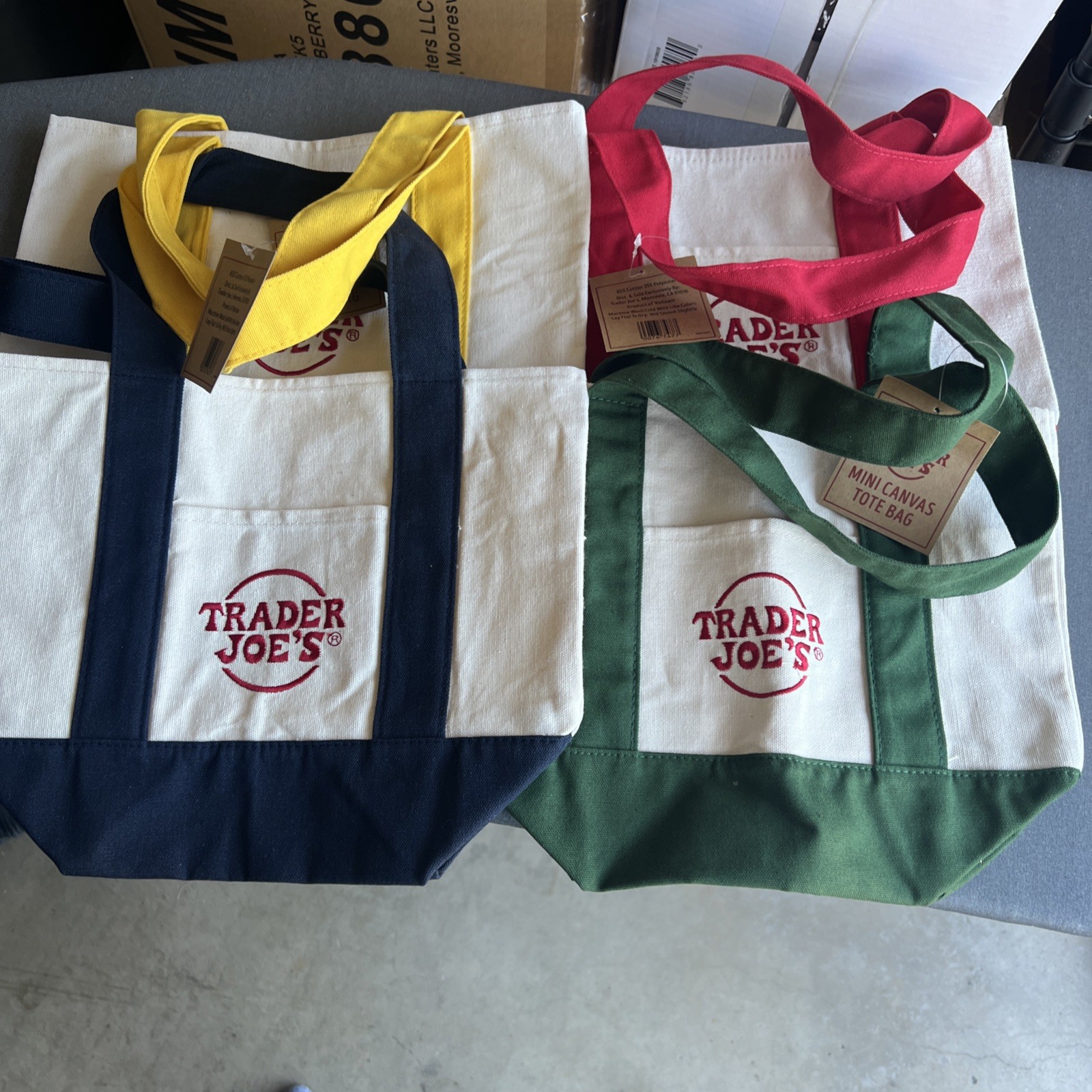 Trader Joe’s Mini Canvas Reusable Tote Bag Navy Blue/Yellow/Red/Green – Set Of 4