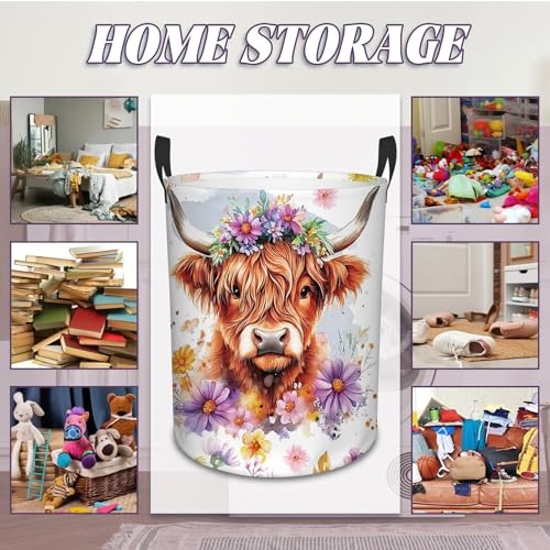 Highland Cow Laundry Basket, 43L Round Oxford Cloth Flower Highland Cattle
