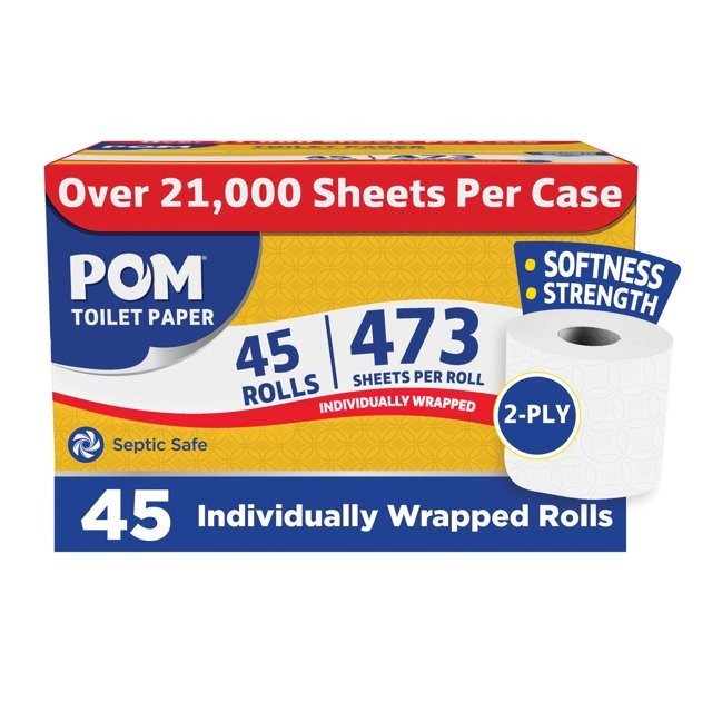 POM Toilet Paper 2 Ply 45 Rolls 473 Sheets Each Premium Bath Tissue Bulk Pack.