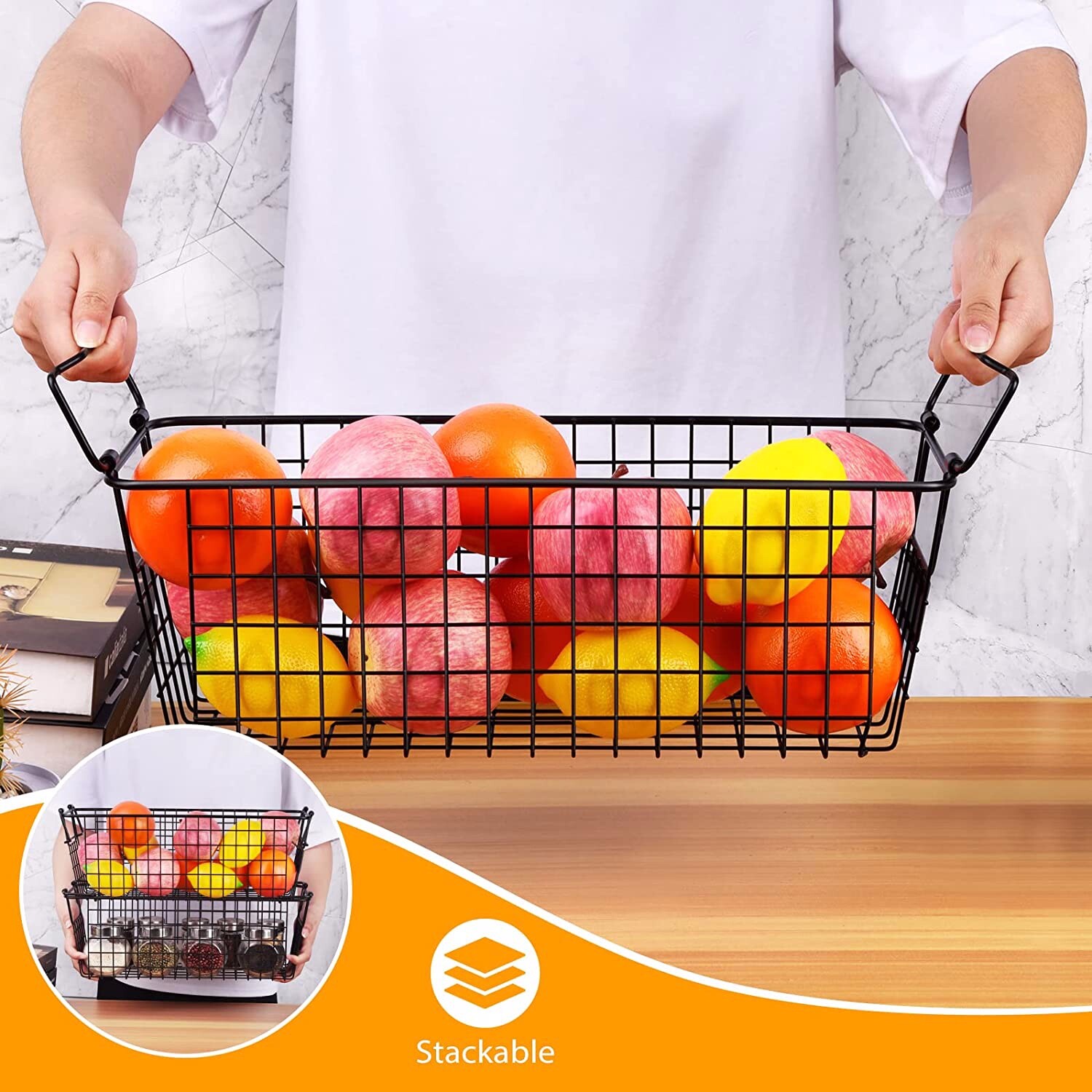Brand New — Stackable Wire Basket Storage Shelf Organizer with Handles 4 pack