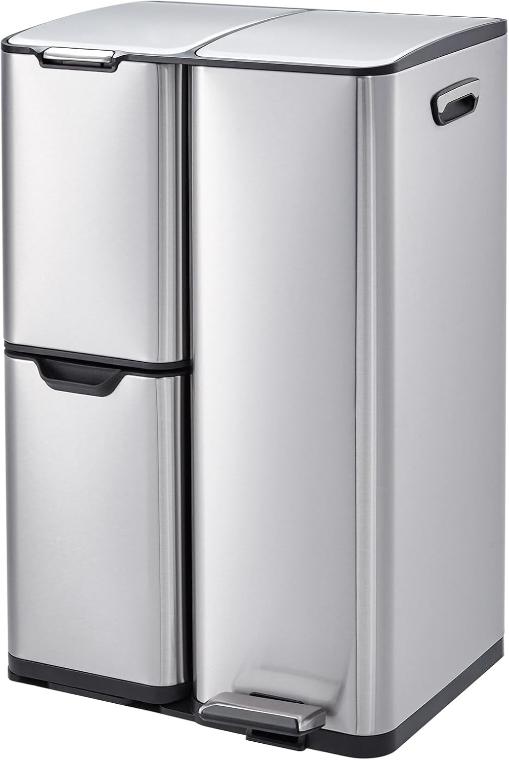 16 Gal Kitchen Trash Can with Lid Triple Compartment Stainless Steel Garbage Can