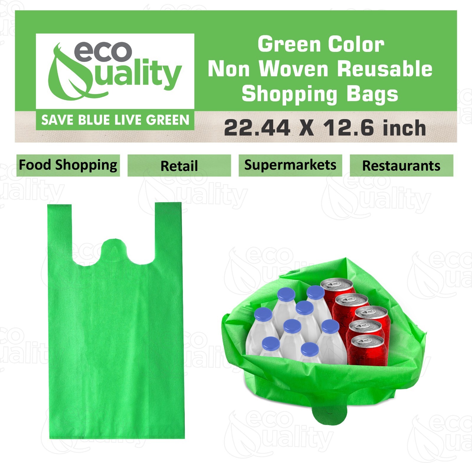 Non Woven T-Shirt Shopping Grocery Bags Green Reusable Large USA MADE 600pcs