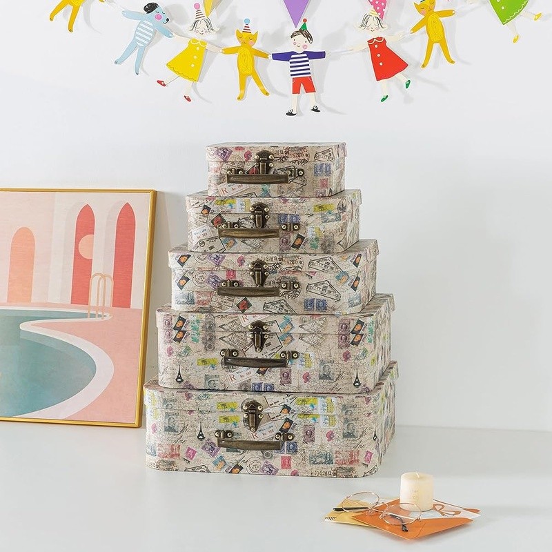 Stackable Vintage Cardboard Suitcases Decorative Storage Boxes Home Office New