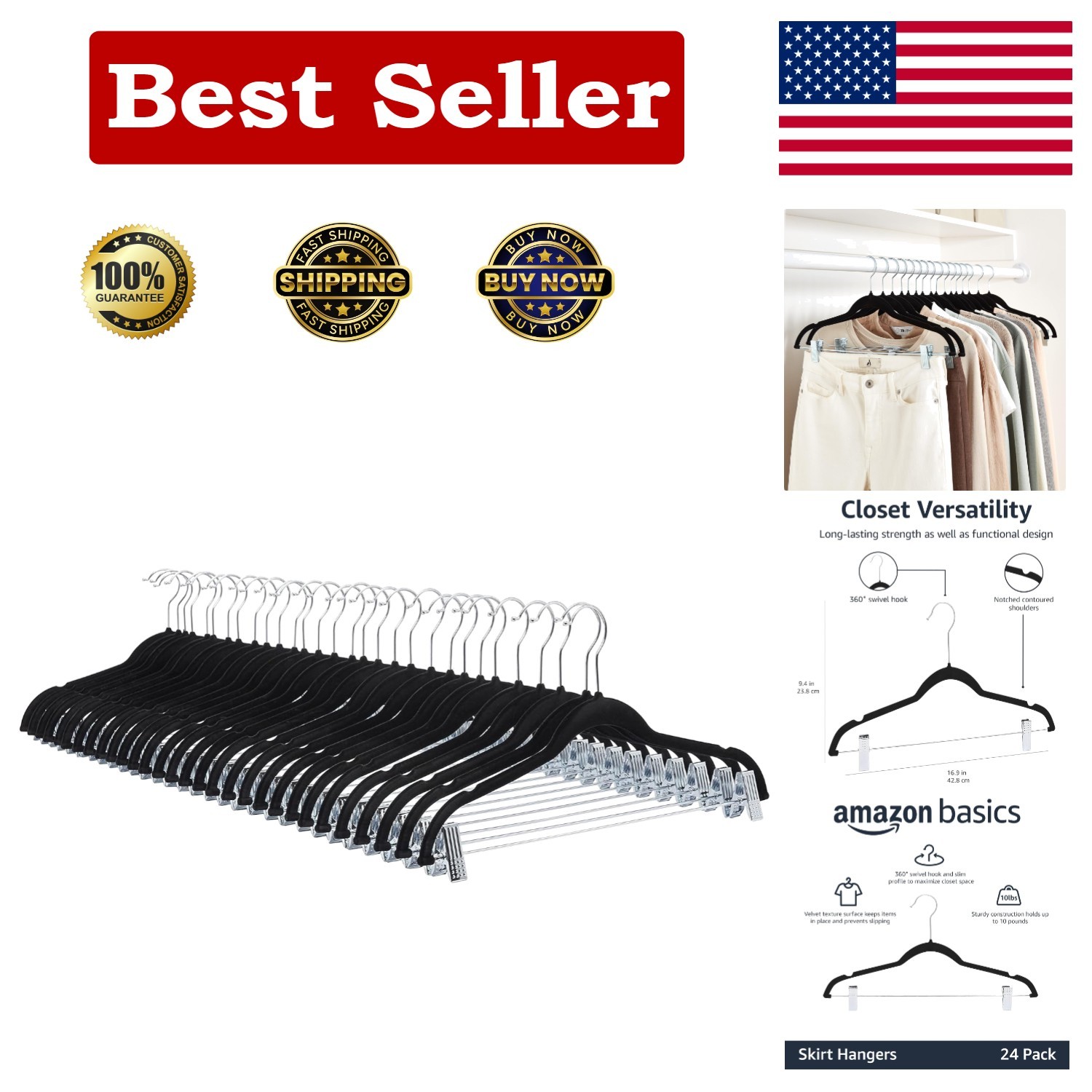 MANZOO Velvet Pants Skirt Hangers with Clips -Black Women Clothes Hanger Set