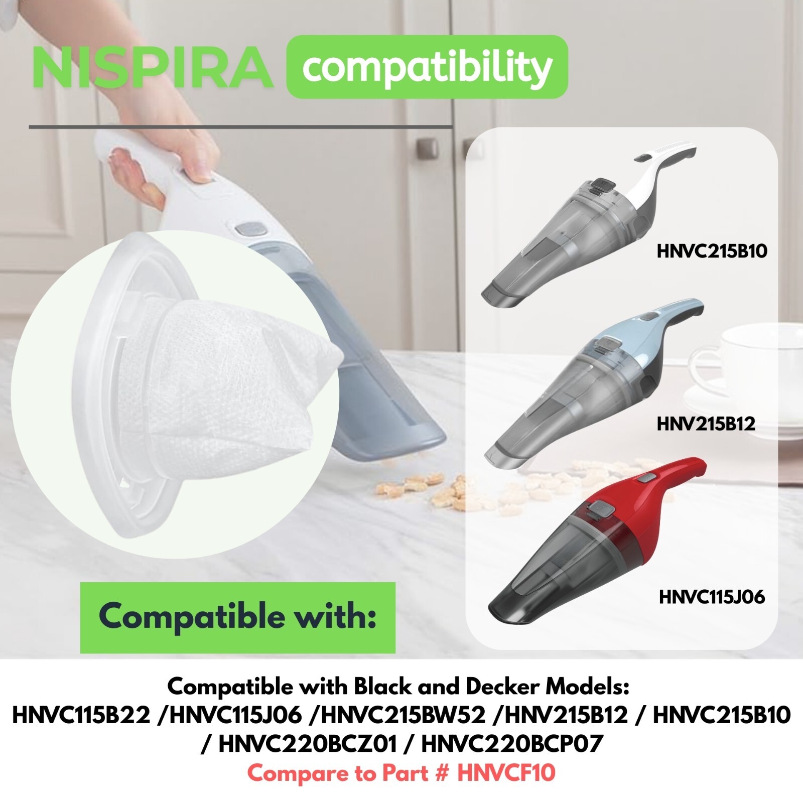 Nispira HNVCF10 Replacement Filter for BLACK+DECKER Handheld Vacuum, 3 Packs