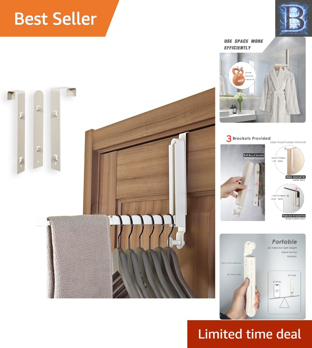 All-Metal Over The Door Drying Rack with 3 Brackets – Compact & Durable