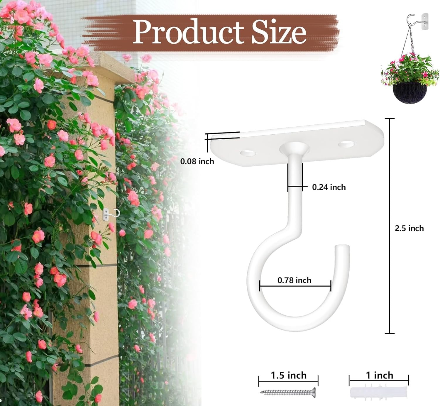 Versatile 2.5in White Plant Hanging Hooks – 50 lbs Capacity, Ideal for Decor