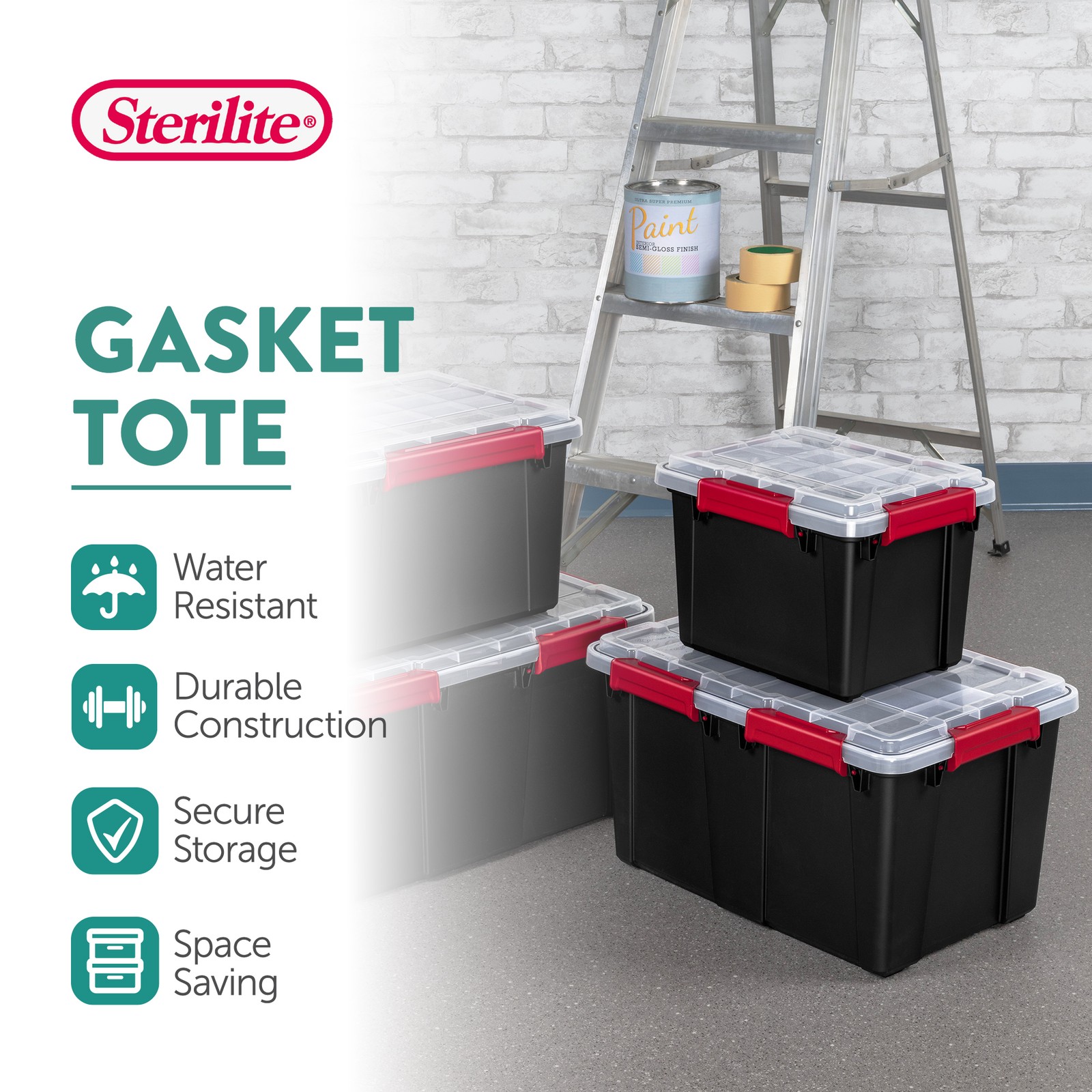 Sterilite 5 Gal Gasket Box, Stackable Storage Container with Lid, Black, 12 Pack