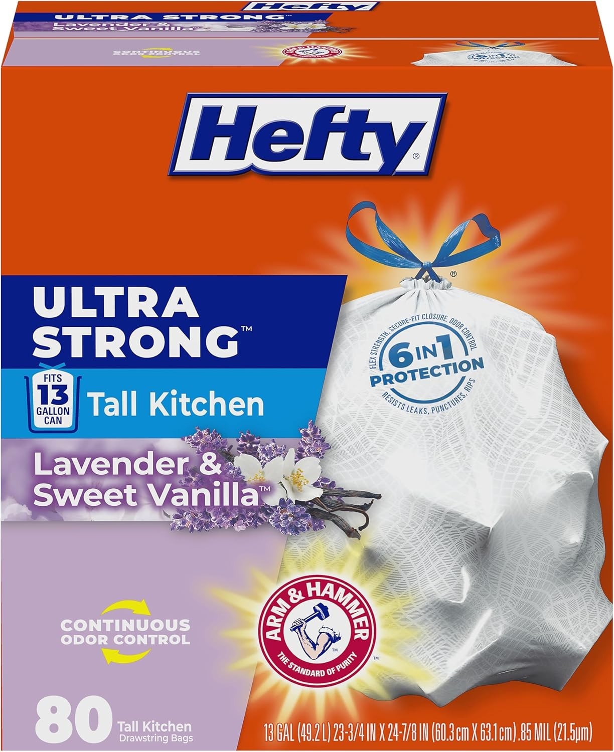 Hefty Ultra Strong Tall Kitchen Trash Bags Lavender & Sweet Vanilla 13 Gal 80 Ct