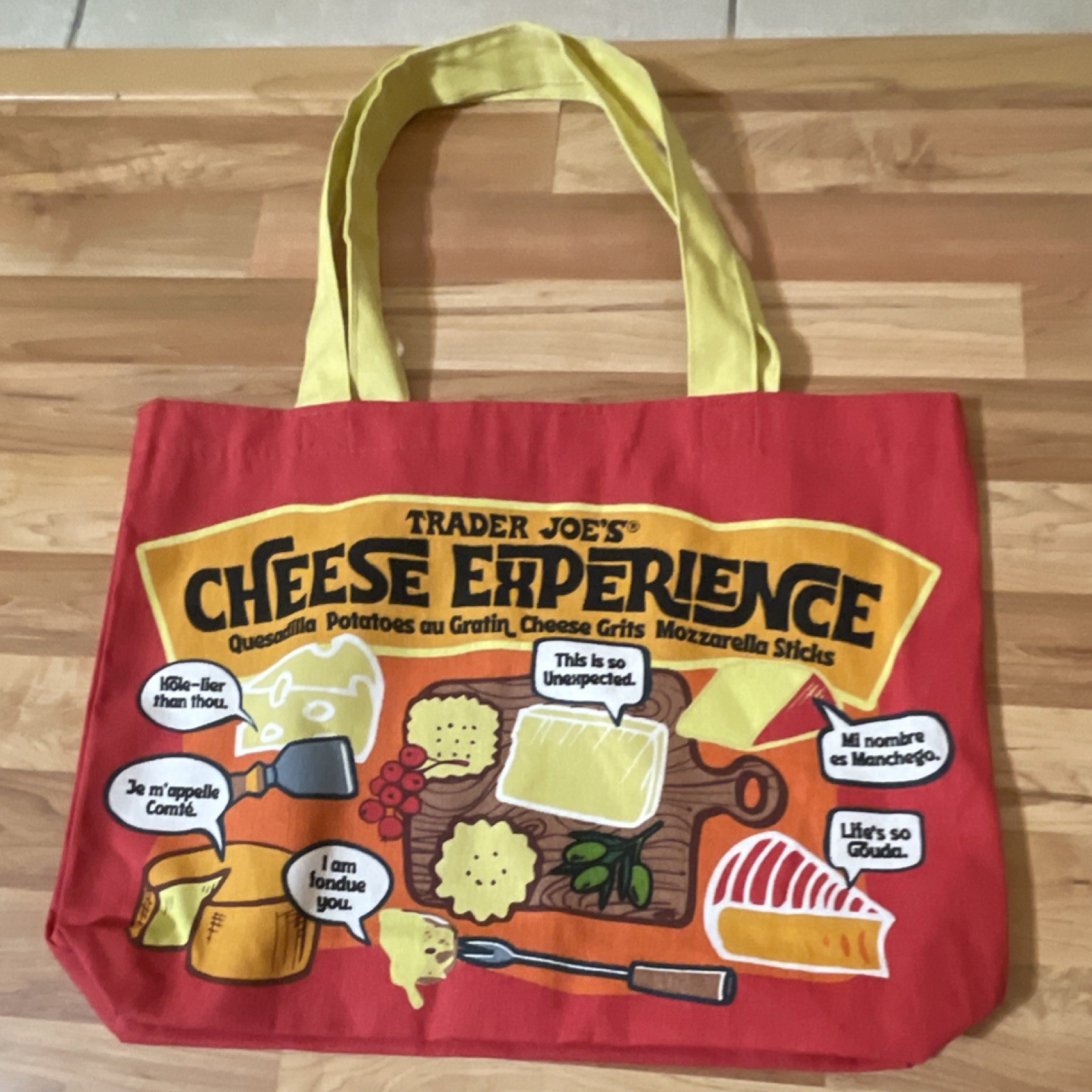 Trader Joe’s Cheese Experience Foldable Canvas Pop Art Shopping Bag Red Yellow