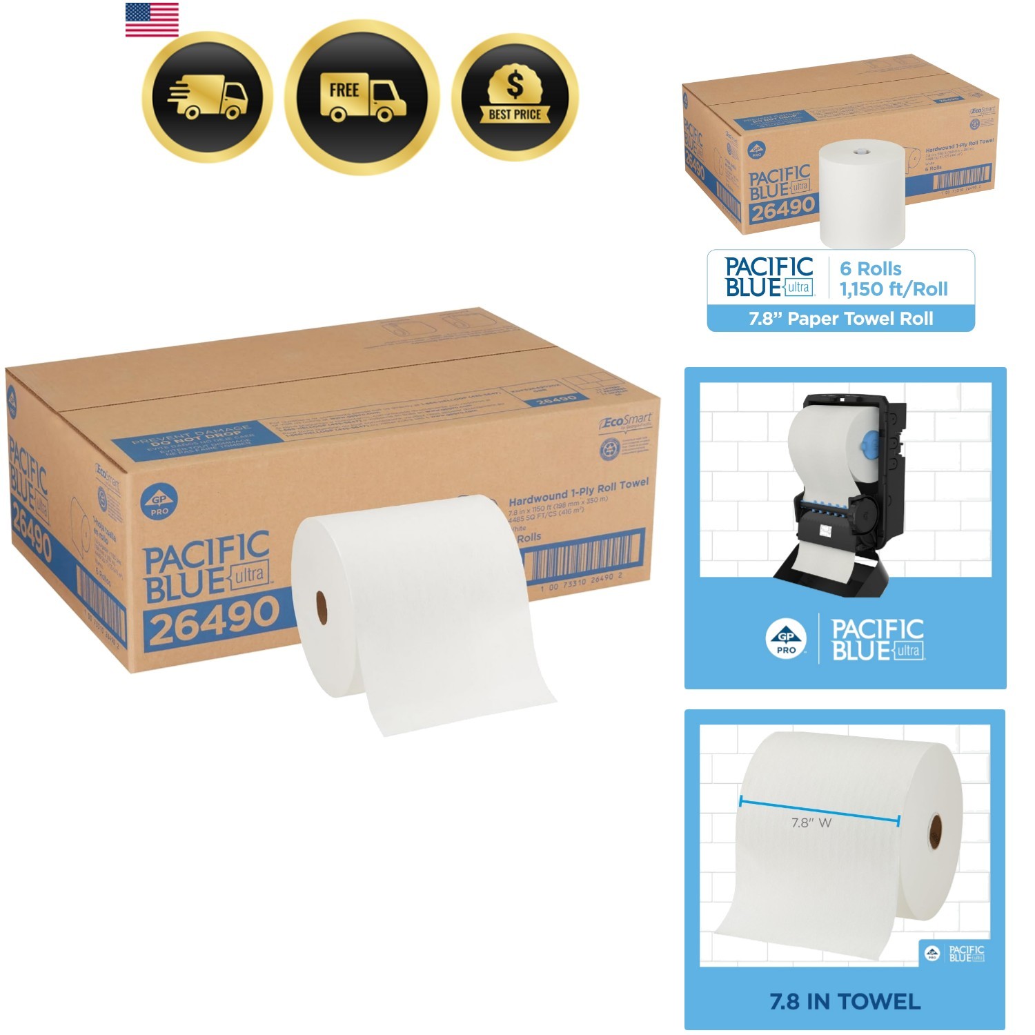 Pacific Blue Ultra 8” High-Capacity Recycled Paper Towel Roll by GP PRO , Whi…