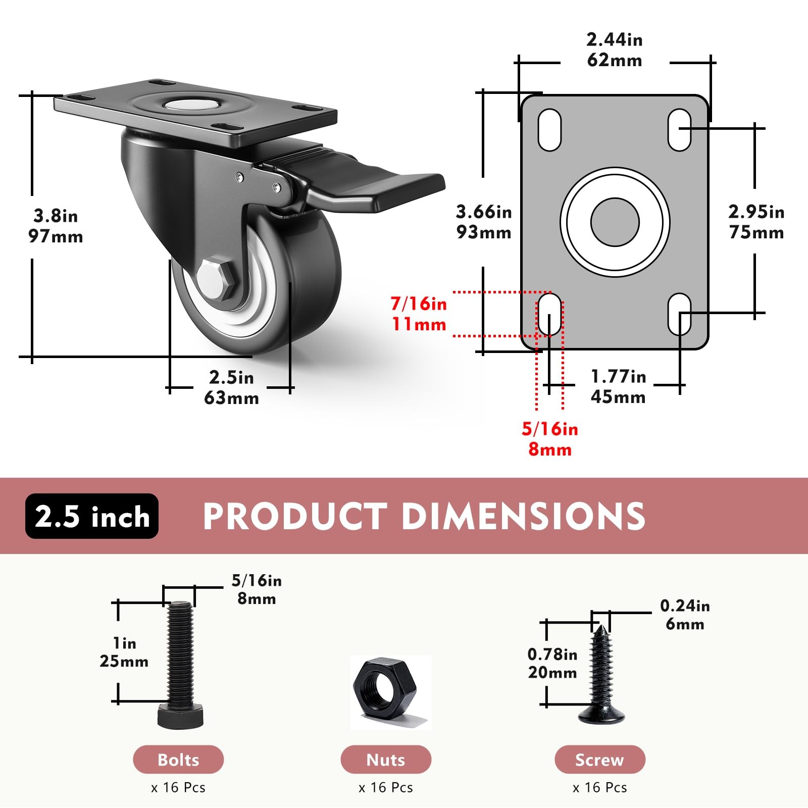 Caster Wheels, 2.5 Inch Heavy Duty Casters Set of 4 with Brakes, Load 1000lbs…
