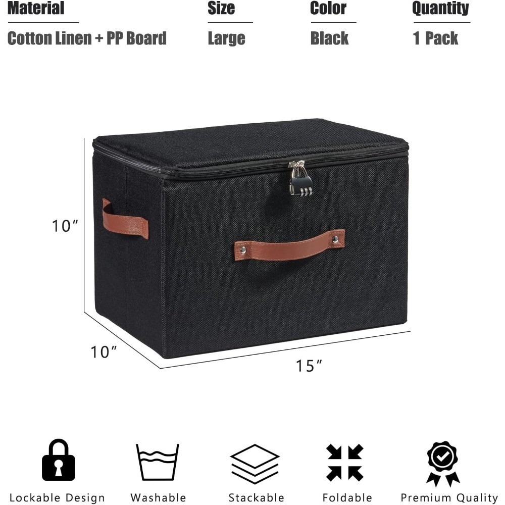Storage Bins Boxes with Zipper Lid Combination Lock PU Leather Handles Cotton