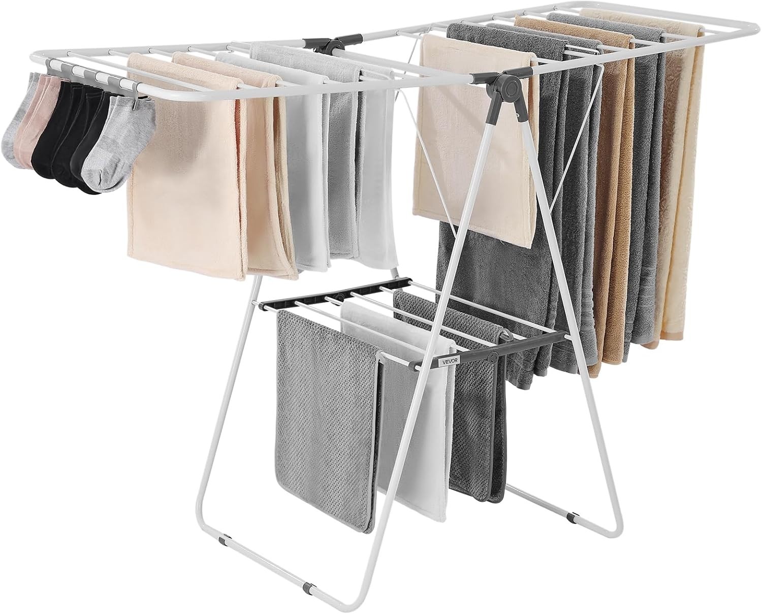 Elegant 2-Tier Foldable Laundry Dryer Rack with Sock Clips – Space-Saving White