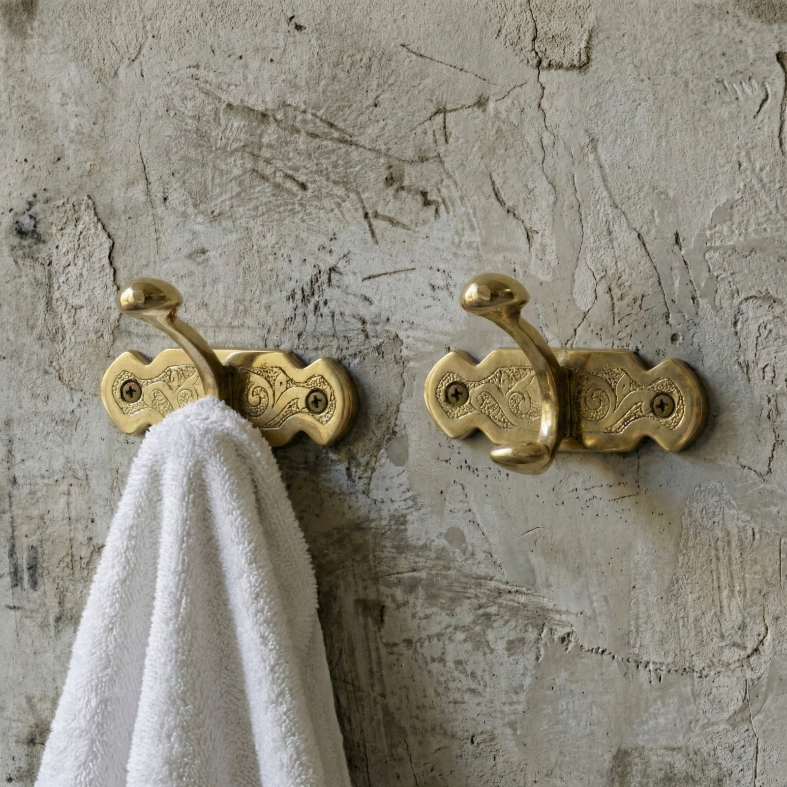 Unlacquered Solid Brass Antique Engraved Double Wall Hook