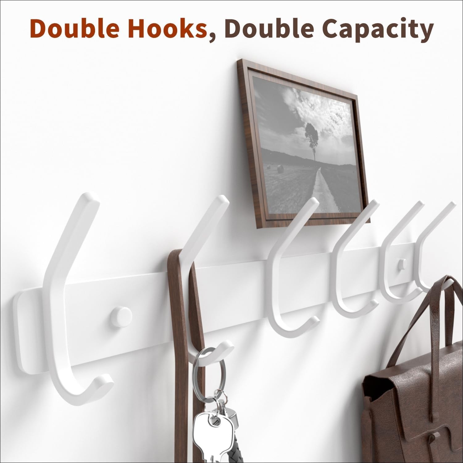 Coat Rack Wall Mount Hooks – 15 Inch Matte White Metal 6-Hook Organizer Wall