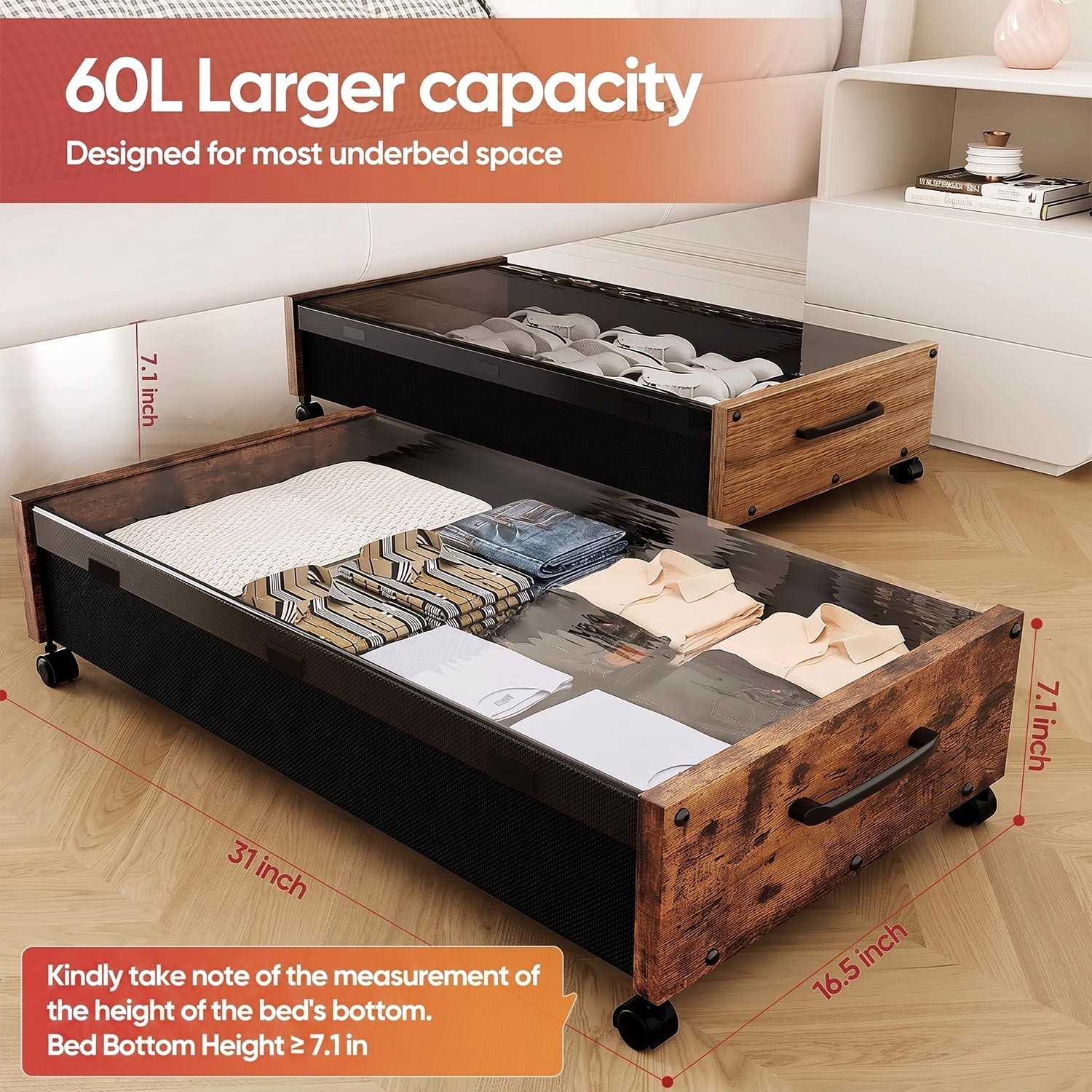 25.6in Under Bed Storage with Wheels 2 Pack Rolling Organizer Bags Clothes Shoes