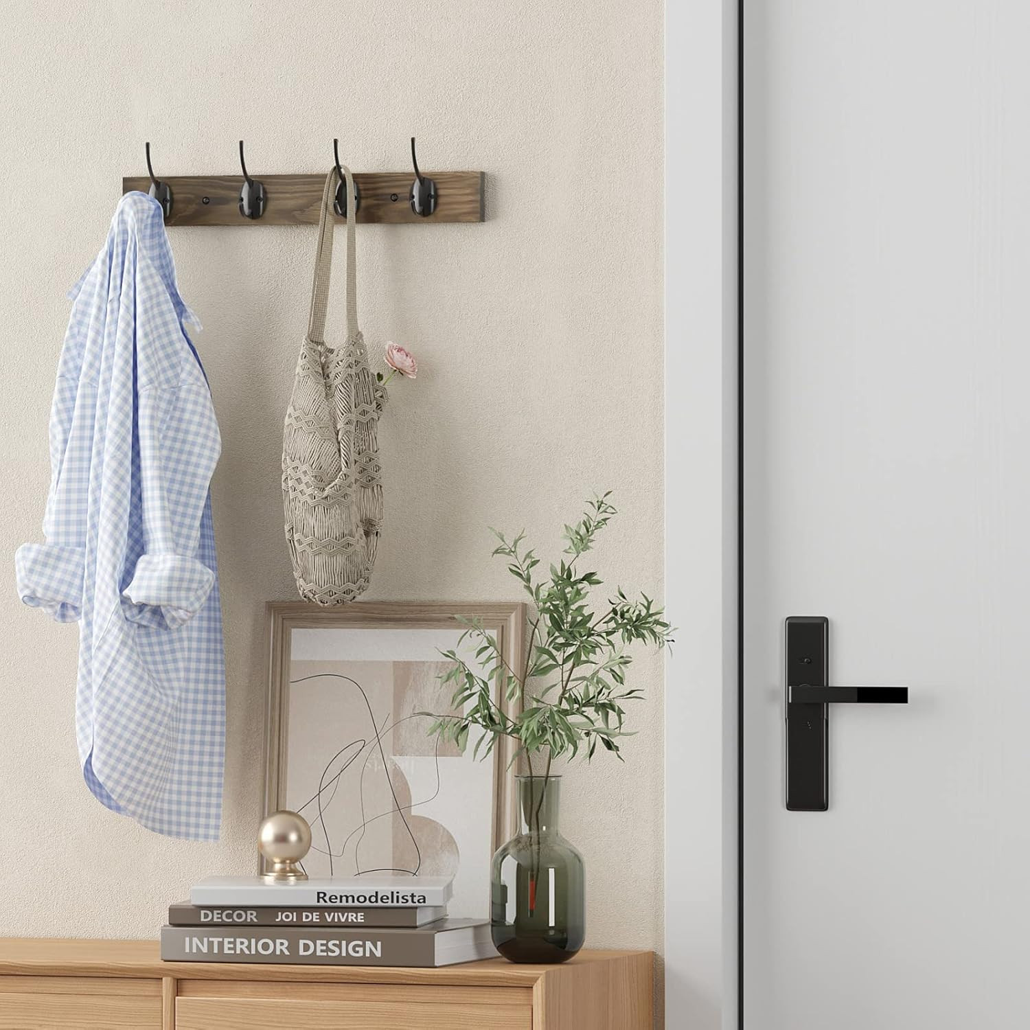 Wall Mounted Wooden Coat Hat Rack with 4 Hooks for Entryway Bathroom Bedroom