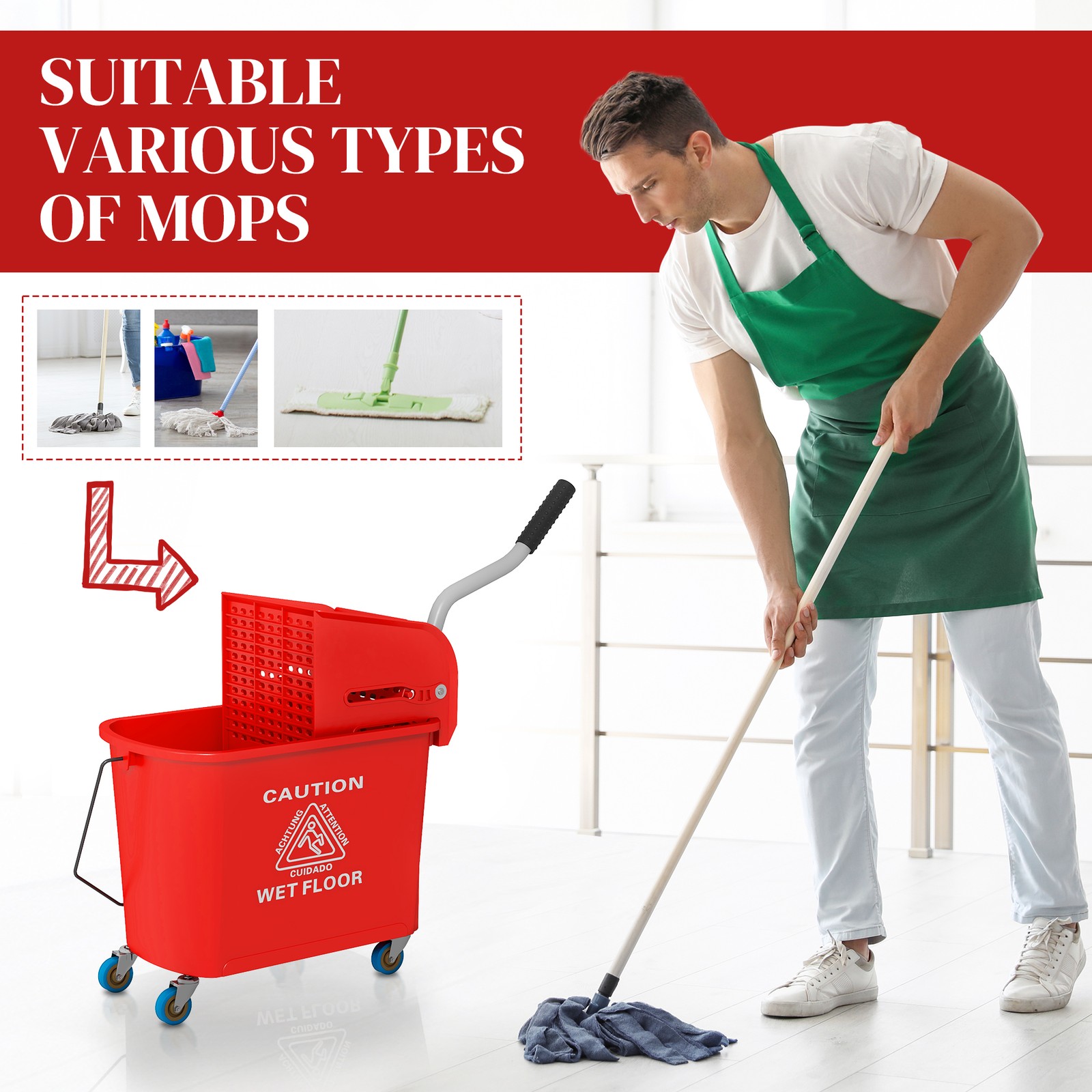 HOMCOM Mop Bucket with Wringer on Wheels for Floor Cleaning 21 Quart Red