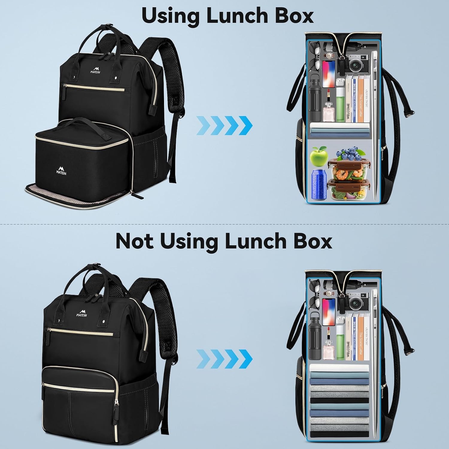 MATEIN 15.6 Inch Lunch Backpack, Black Laptop Bag with Lunch Box for Women | Mea