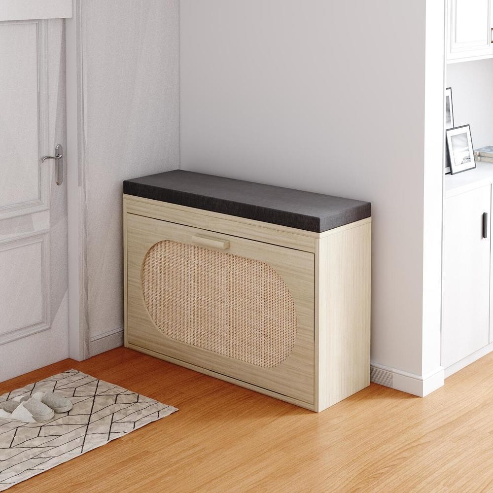 2 Tiers Rattan Shoe Storage Rack Bench Entryway Bench Shoe Cabinet for Hallway