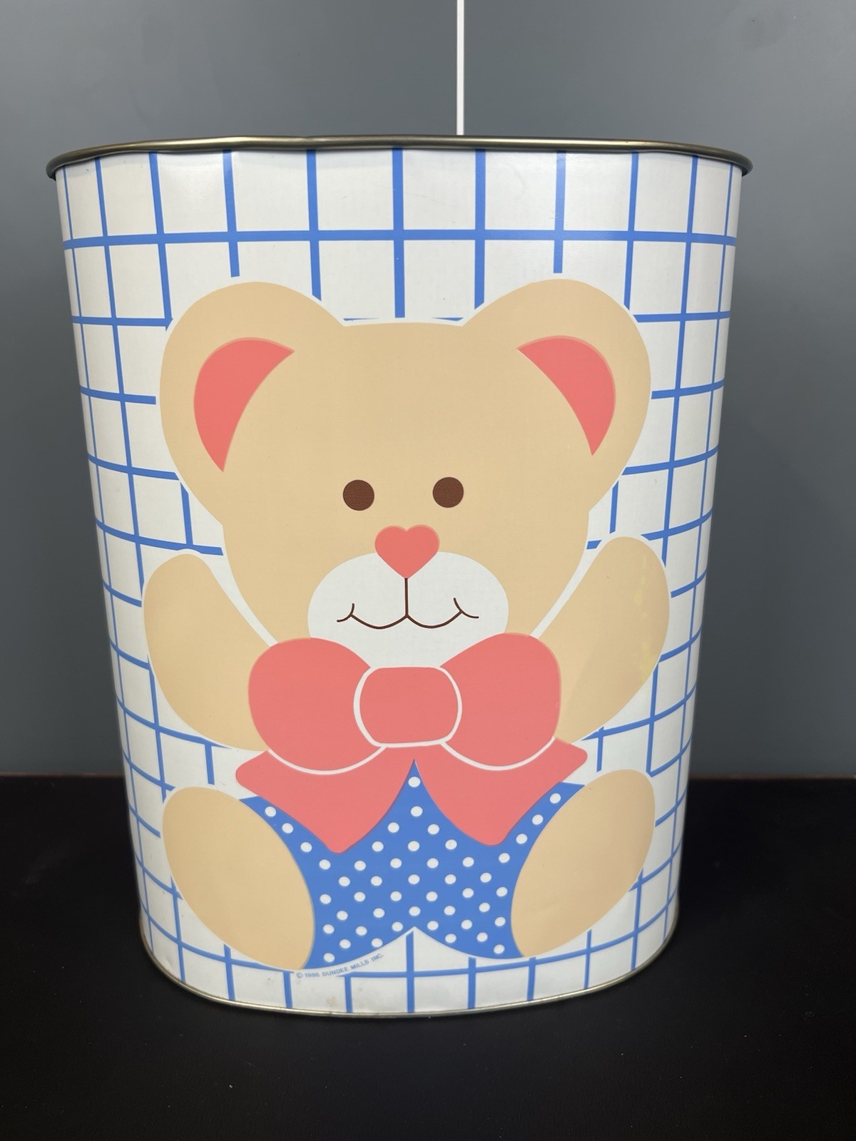 Vtg Cheinco Teddy Bear Metal Trash Can Wastebasket 1980s Blue/Pink Dundee Mills