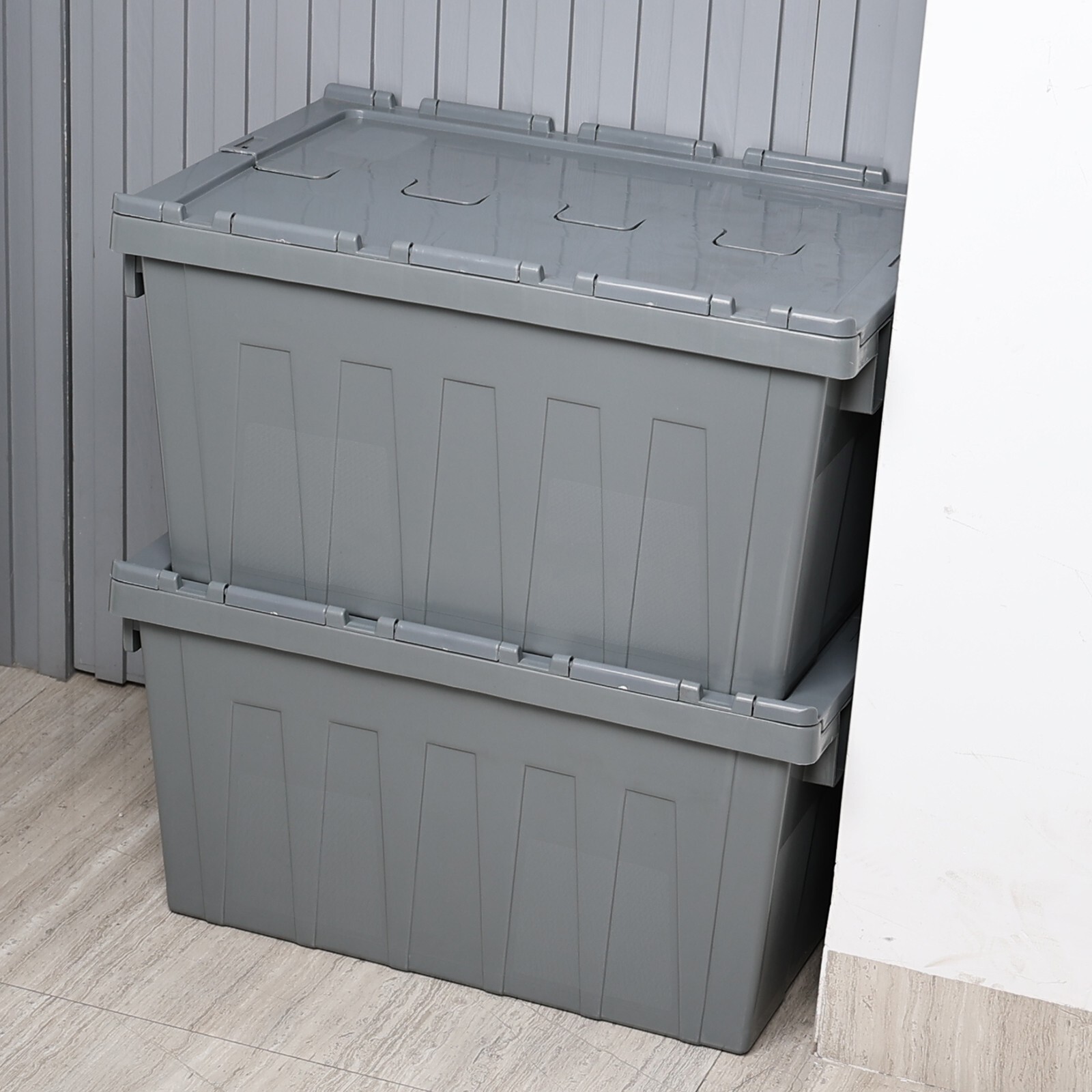 Cand 15 Gallon Plastic Industrial Storage Tote with Hinged Attached Lid, 4 Packs