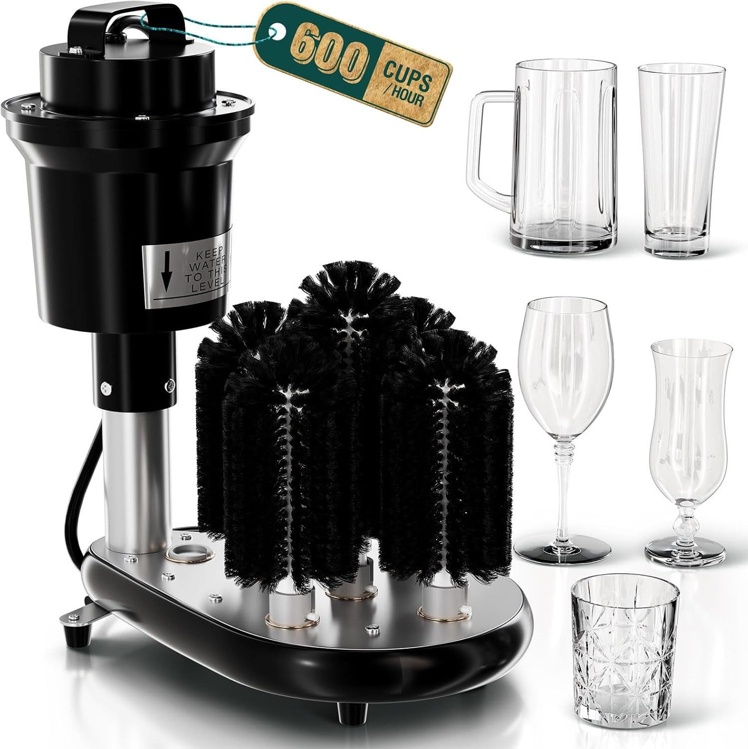 Commercial Glass Washer – 5-Brush Electric Wine Glass Cleaner with Adjustable Te